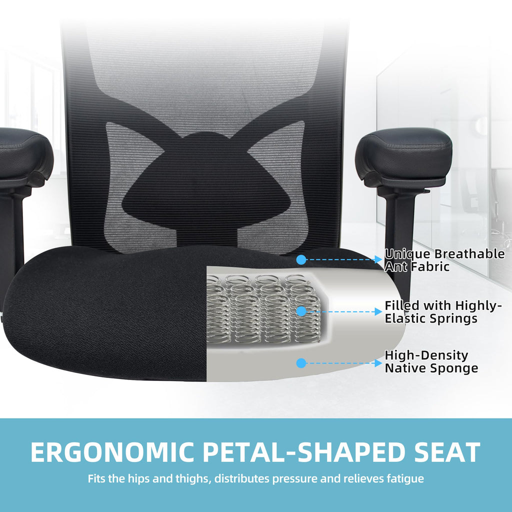500LBS Big and Tall Office Chair with 4D Armrests & Adjustable Backrest, Heavy Duty Office Chair for Heavy People, Memory Foam Seat Filling Springs, Black