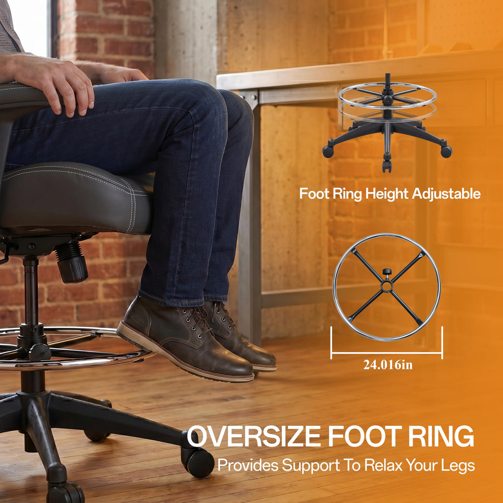 400lbs Mid Back Premium Leather Ergonomic Drafting Chair Office for Adjustable Desk Wide Chair Built-in Lumbar Support Adjustable Foot Ring Height Adjustable Armrest (Black Leather)