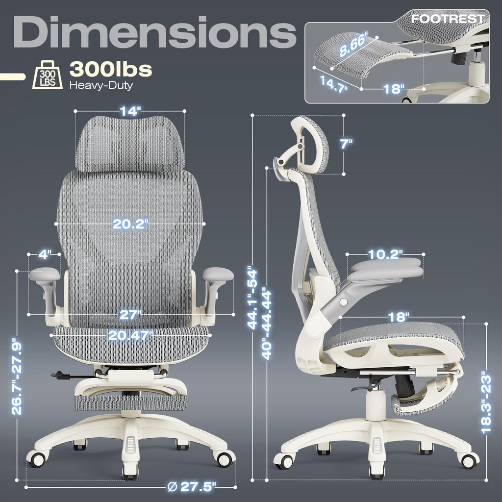 X100 Ergonomic Mesh Office Chair with Footrest, Big and Tall Home Desk Chair with 5D Flip-Up Arms, Adjustable 3D Lumbar Support, Gaming & Executive Computer Chair, First Light