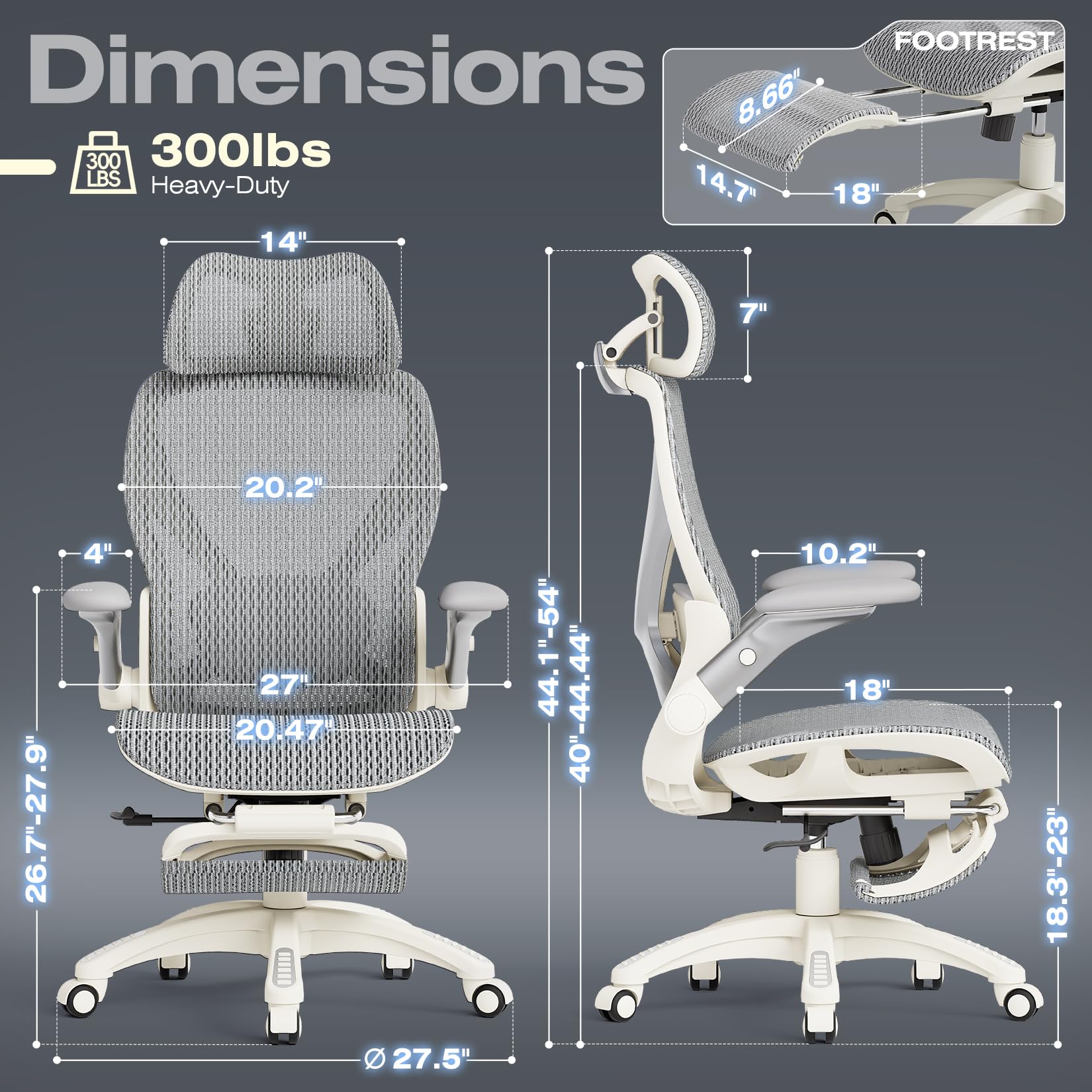 X100 Ergonomic Mesh Office Chair with Footrest, Big and Tall Home Desk Chair with 5D Flip-Up Arms, Adjustable 3D Lumbar Support, Gaming & Executive Computer Chair, First Light
