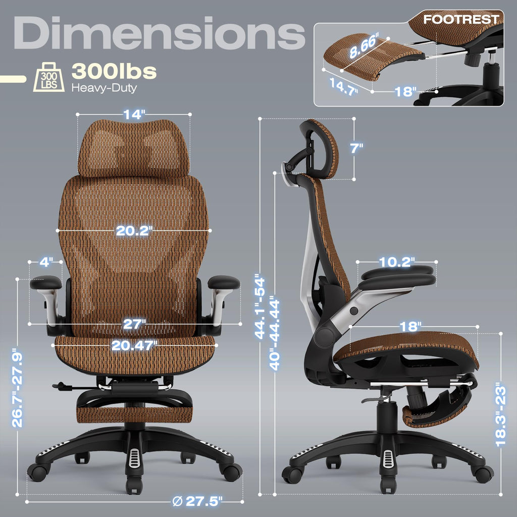 X100 Ergonomic Office Chair with Footrest, Big and Tall Home Desk Chair with 5D Flip-Up Arms, Adjustable 3D Lumbar Support,High Back Rolling Computer Chair, Swivel Mesh Chairs