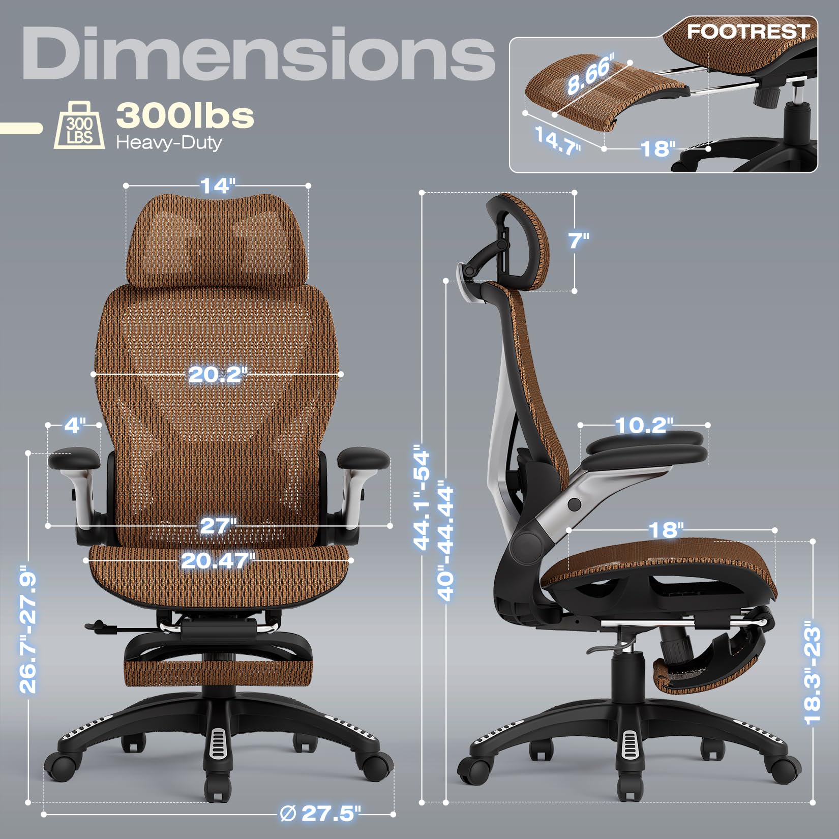 X100 Ergonomic Office Chair with Footrest, Big and Tall Home Desk Chair with 5D Flip-Up Arms, Adjustable 3D Lumbar Support,High Back Rolling Computer Chair, Swivel Mesh Chairs