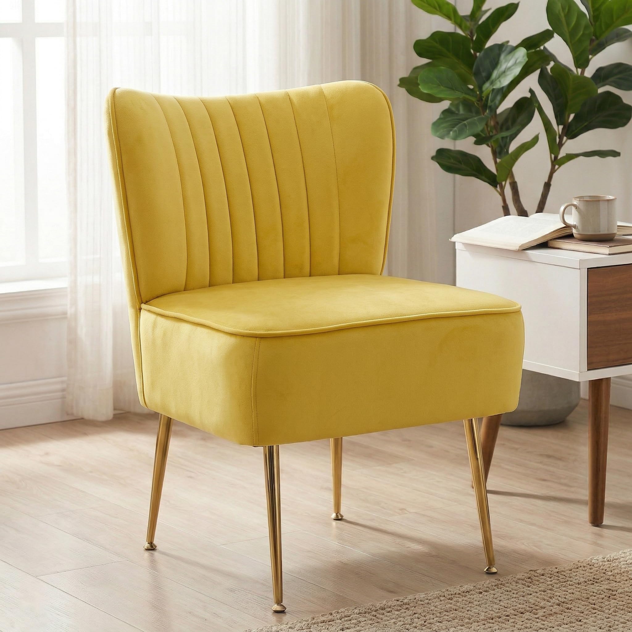 Modern Velvet Accent Chair Single 1 Pack, Comfy Slipper Chair with Heavy Duty Iron Frame & Gold Legs, Mid Century Side Sofa Chair for Living Room Bedroom Vanity（Yellow）