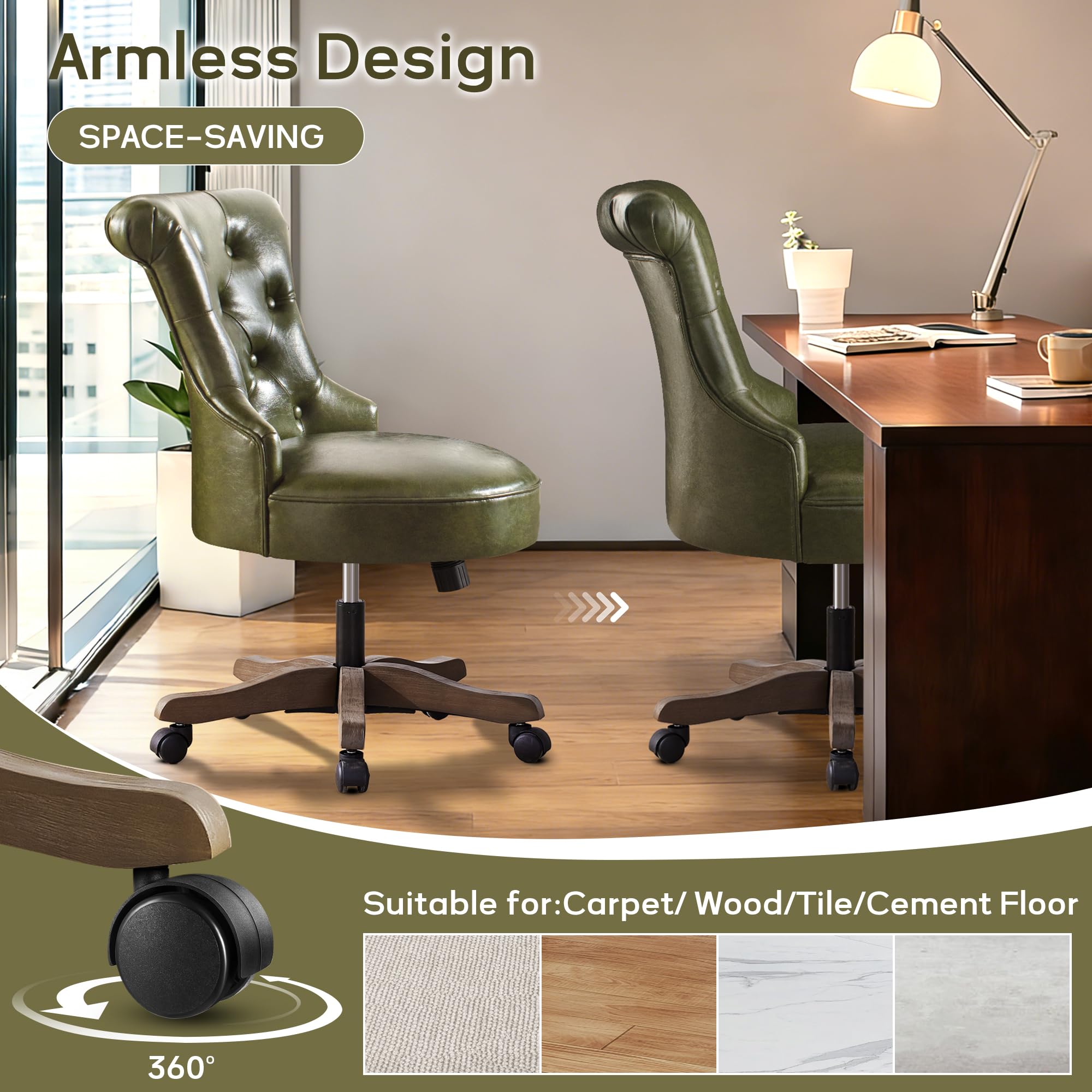 Home Office Chair Upholstered Armless PU Leather Desk Chair with Wheels Adjustable Height Computer Desk Chair with Wooden Legs Comfortable Swivel Chair for Study Studio (Dark Green)