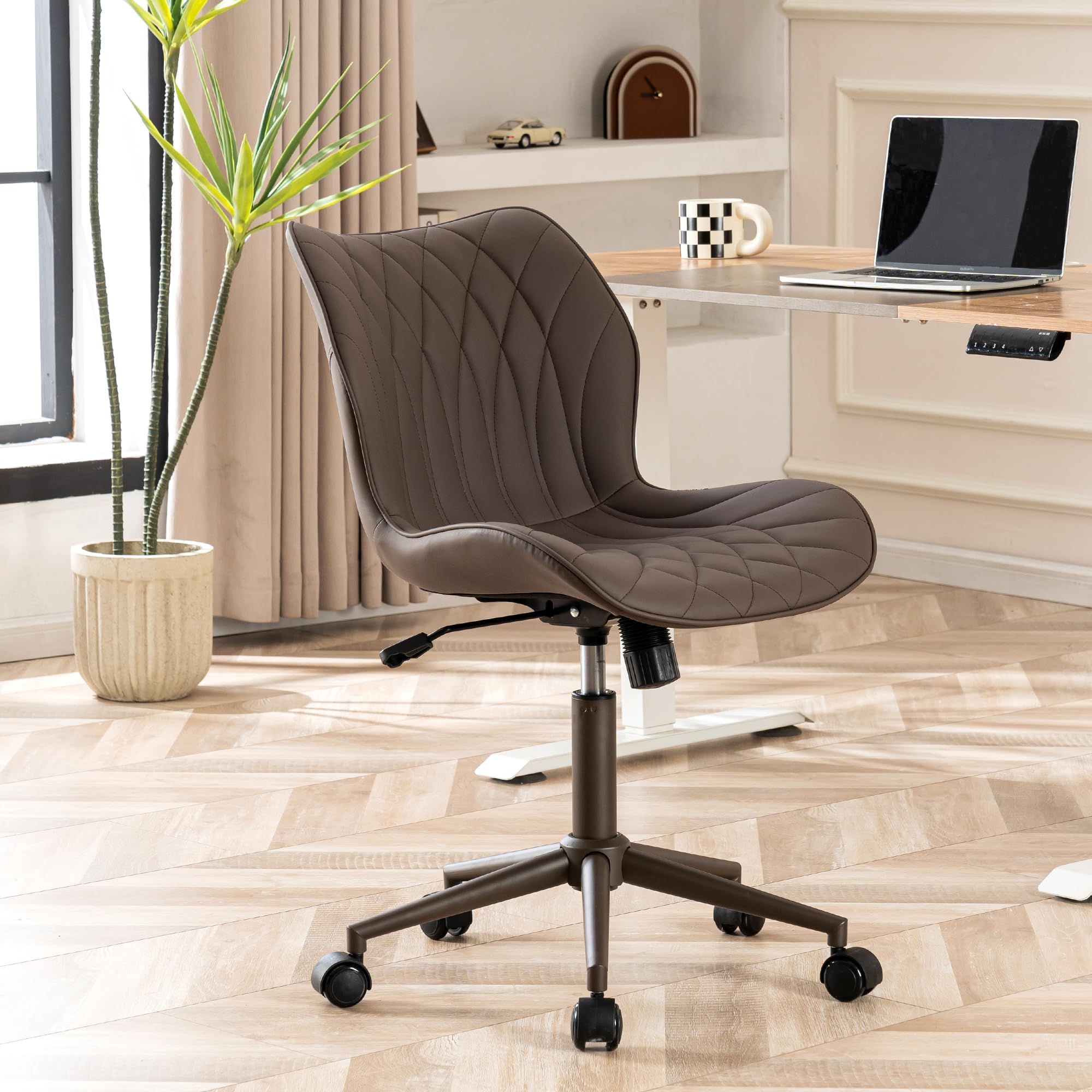 Armless Desk Chair Comfy Office Chair with Wheels Home Ergonomic Task Chair Adjustable Computer Chairs Modern Faux Leather Swivel Chair Upholstered Makeup Vanity Chair with Back(Brown)