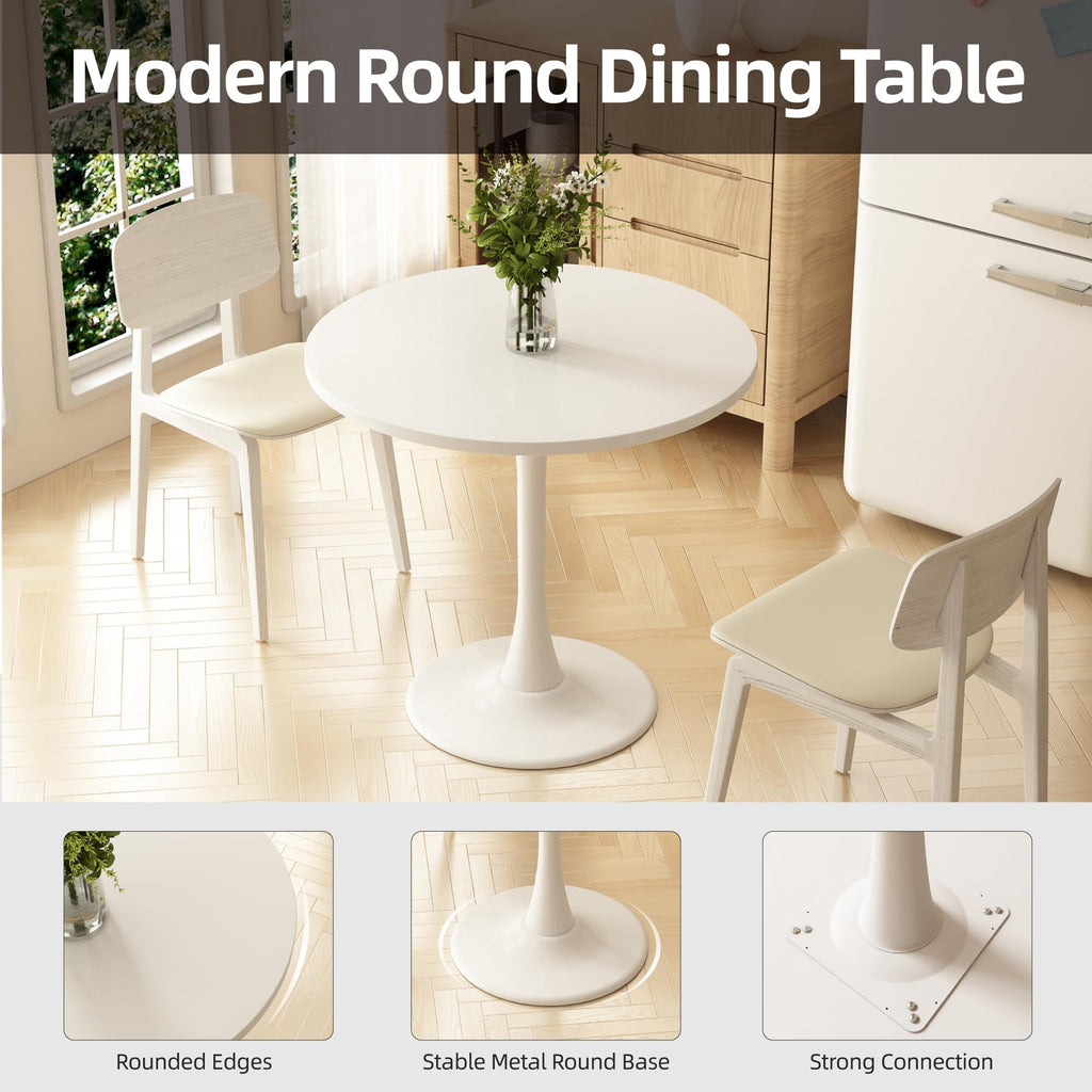 Kasinali Round Dining Table 30" Circle Tulip Table with Wood Thickened Tabletop & Sturdy Metal Pedestal Mid Century Modern Leisure Bistro Kitchen Tables 4 People Small Places Living Room Cafe,White