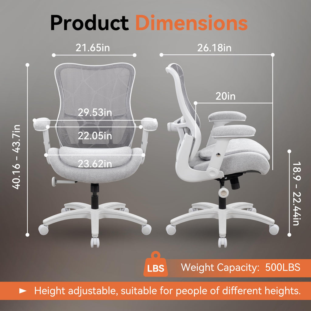 Big and Tall Office Chair 500lbs Heavy Duty Ergonomic Mesh Desk Chair with 23.6" Extra Wide Seat, 29.5" High Back, Adjustable Lumbar Support Flip-Up Arms for Large Body Types(Light Gray)