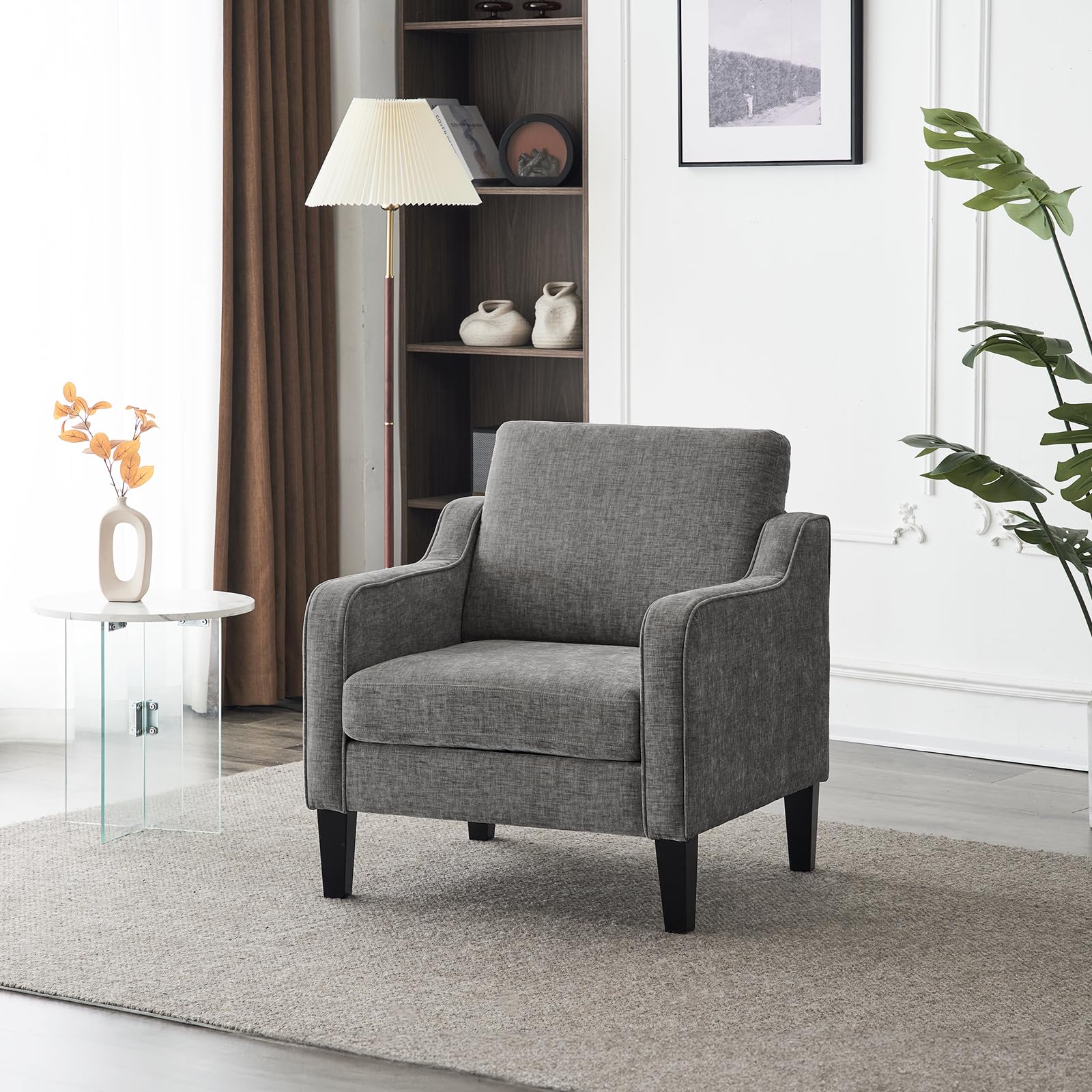 Mid Century Modern Accent Chair - Soft Chenille Upholstered Comfy Armchair for Living Room, Bedroom, Home Office, Apartment, Studio (Light Grey)