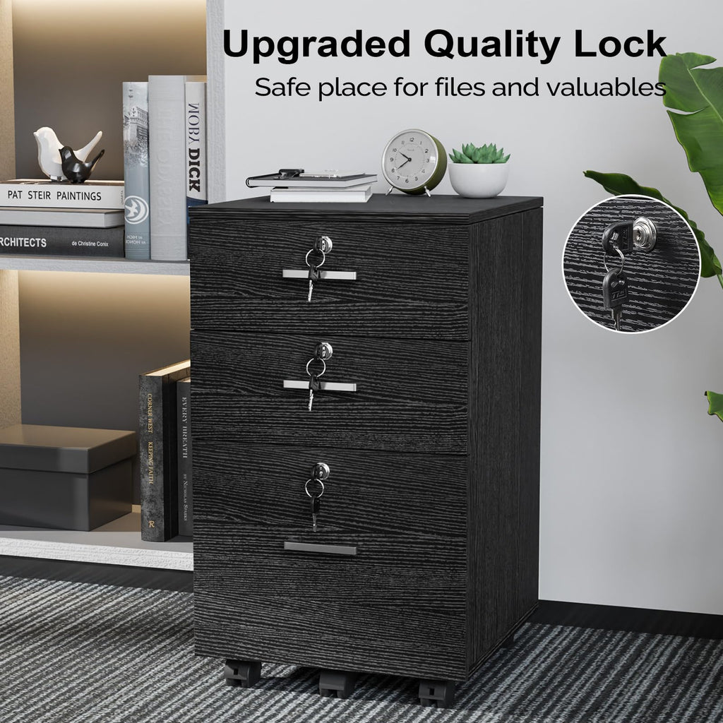 3-Drawer File Cabinet with Lock, Wood Rolling Filing Cabinets for Home Office, Mobile Printer Stand, Under Desk File Organizer for Letter Sized Files, 26" H(Caster Included), Black