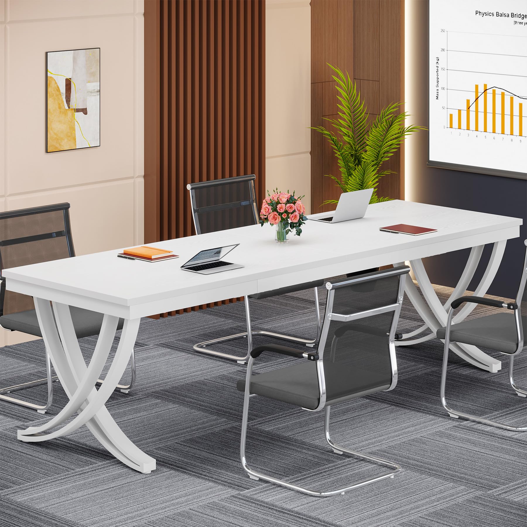 6.5FT Conference Table for 6-8 People, 78 inch Long Rectangular Seminar Table with Strong Metal Frame, Business Furniture Boardroom Desk for Office Meeting Conference Room (2PCS, White)