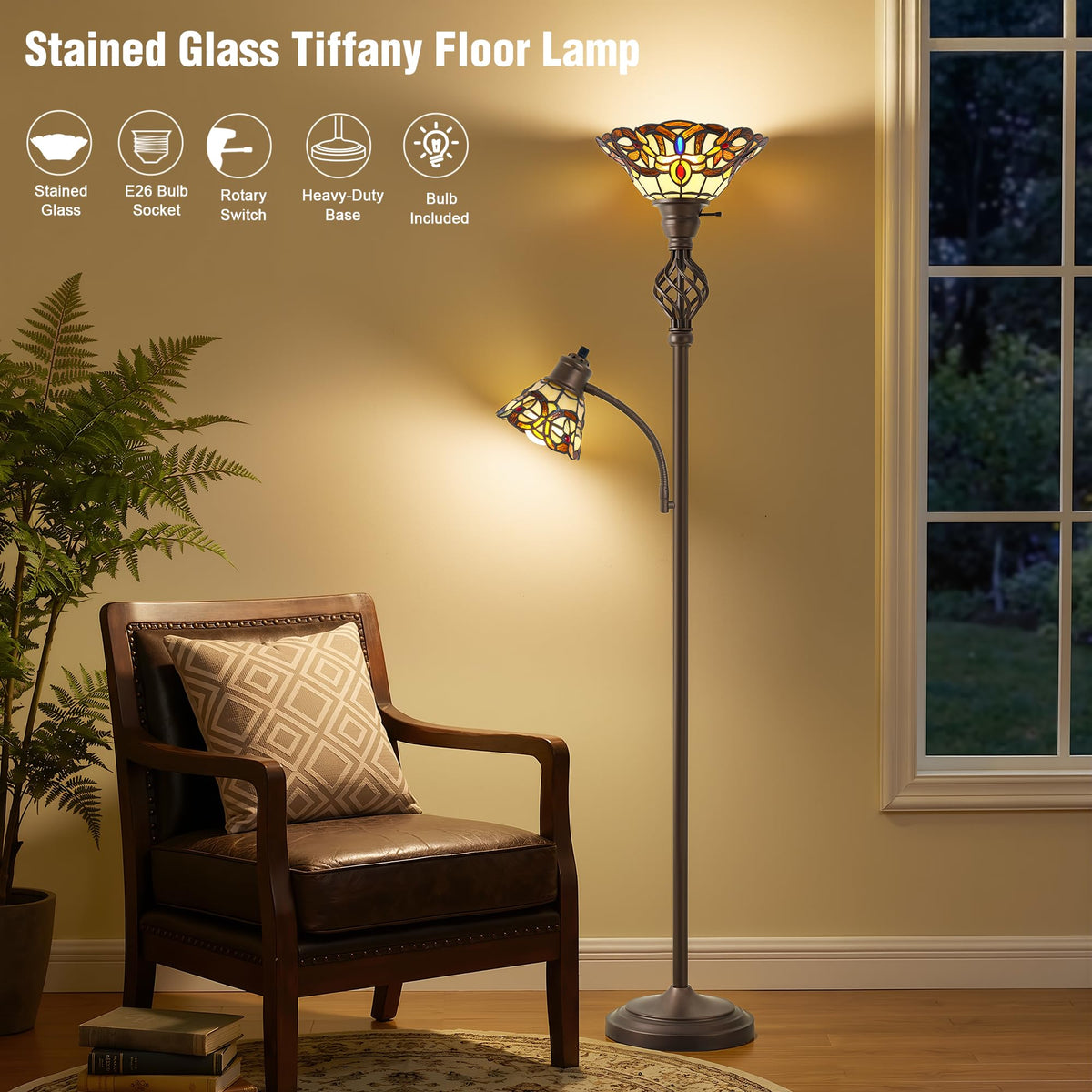 Torchiere Floor Lamp for Living Room, Tiffany-Style Reading Light