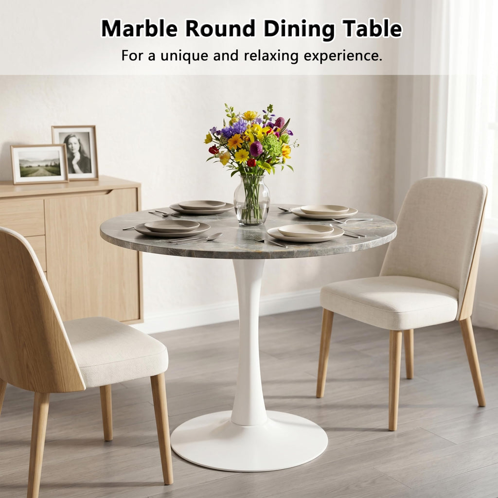 Sybrioka 27.6" Marble Round Tulip Table, Mid-Century Modern Style Dining Table with White Pedestal Base for 2-4 People, Featuring A Marble Tabletop for Kitchen, Dining Room, Cafe (Dark Grey)
