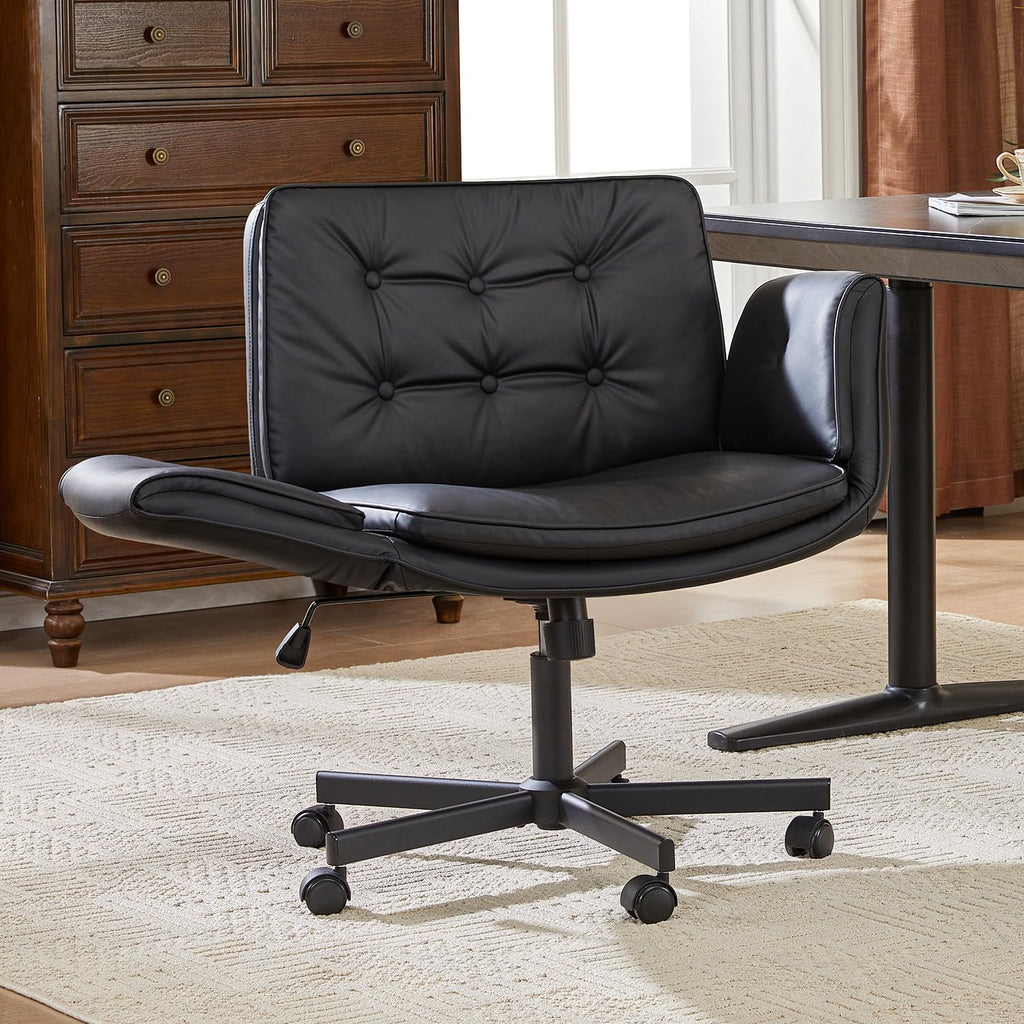 Criss Cross Office Chair, PU Leather Vanity Chair with 5-Level Adjustable Armrests & Swivel, Ergonomic Criss Cross Chair for Home Office Bedroom Makeup（Black）