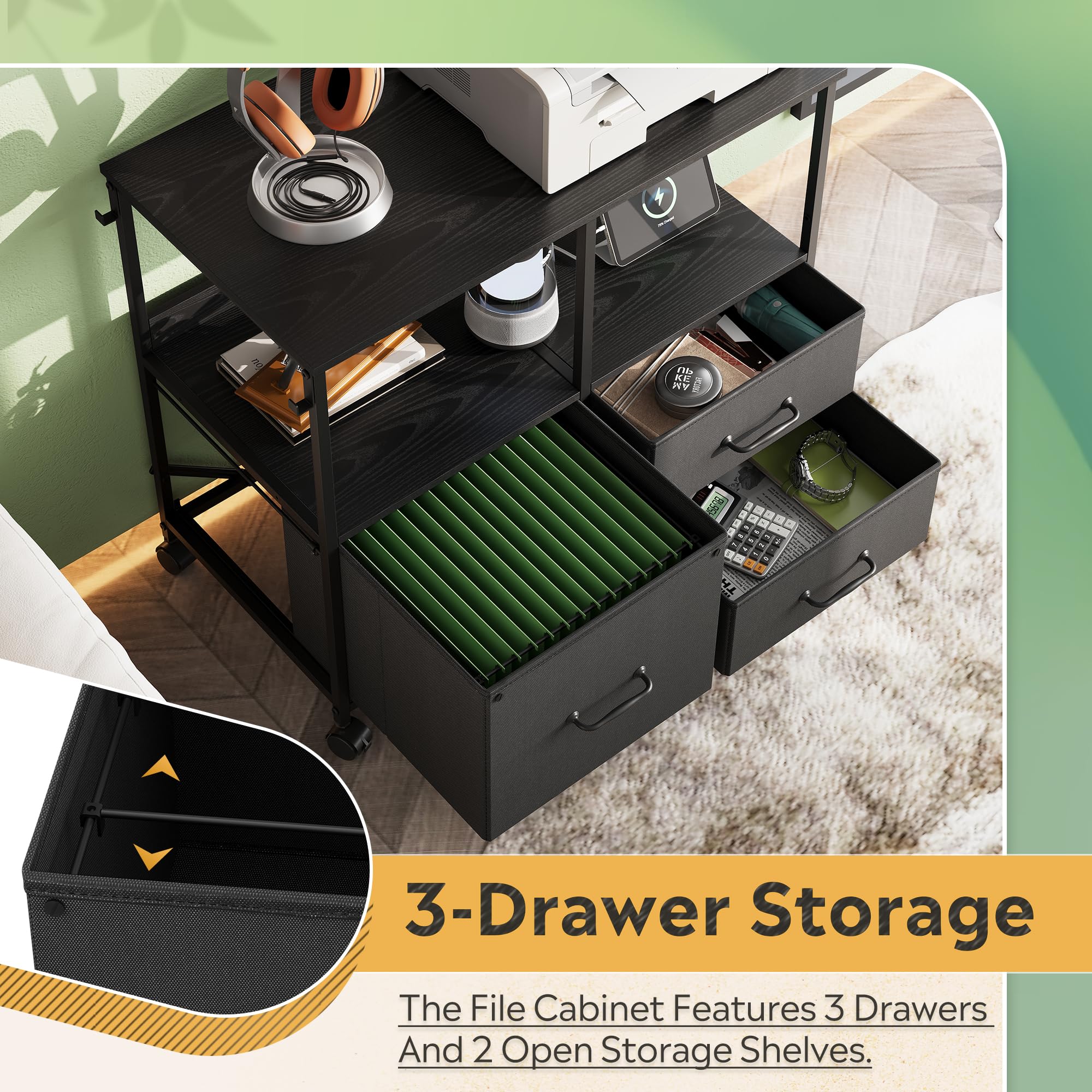 3 Drawer Mobile File Cabinet with Storage Shelf