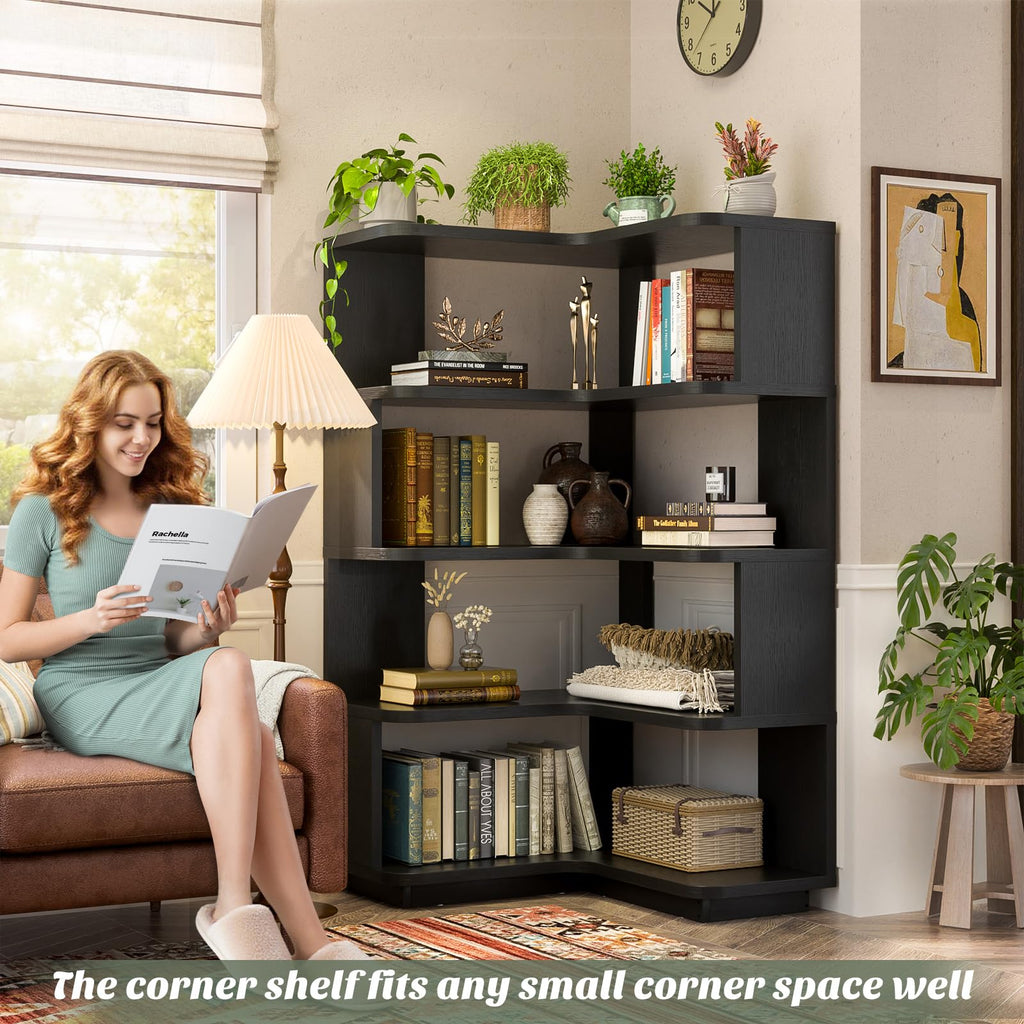 Corner Book Shelf - 5-Shelf L Shaped Corner Bookshelf with Baffle