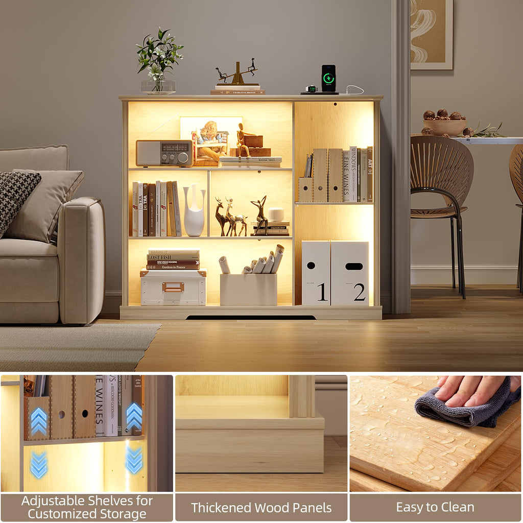 Adjustable LED Bookshelf with 3 Tiers and Motion Sensor - Natural Wood