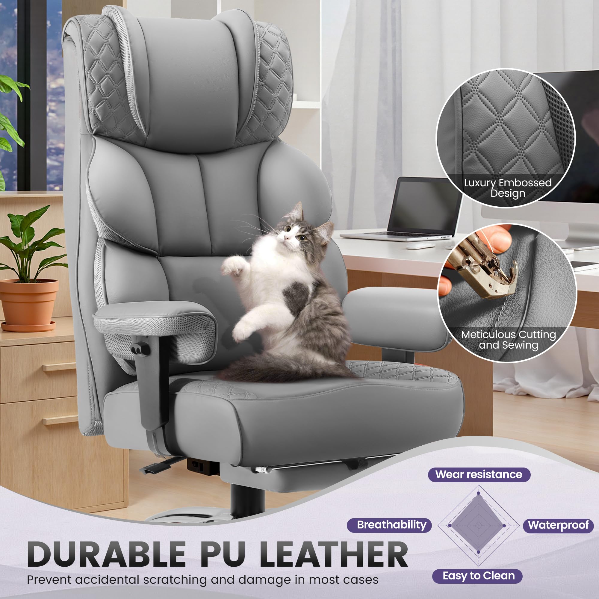 Office Desk Chair, Big and Tall Leather Gaming Chair with Footrest, Wide Ergonomic Comfy Executive High-Back Reclining Computer Chairs, Swivel Rolling Wheels and Padded Lumbar Support, Gray