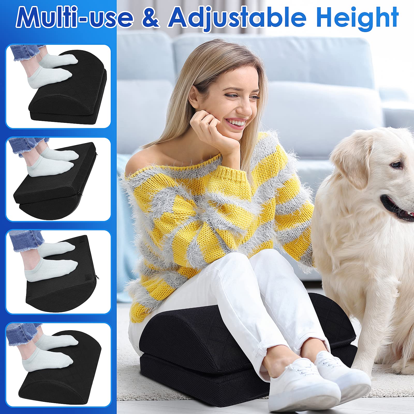 Foot Rest for Under Desk at Work Adjustable Foam for Office and Home, Office Desk Accessories，Comfortable Footrest with 2 Adjustable Heights，Back & Hip Pain Relief (Black-16.9 in)