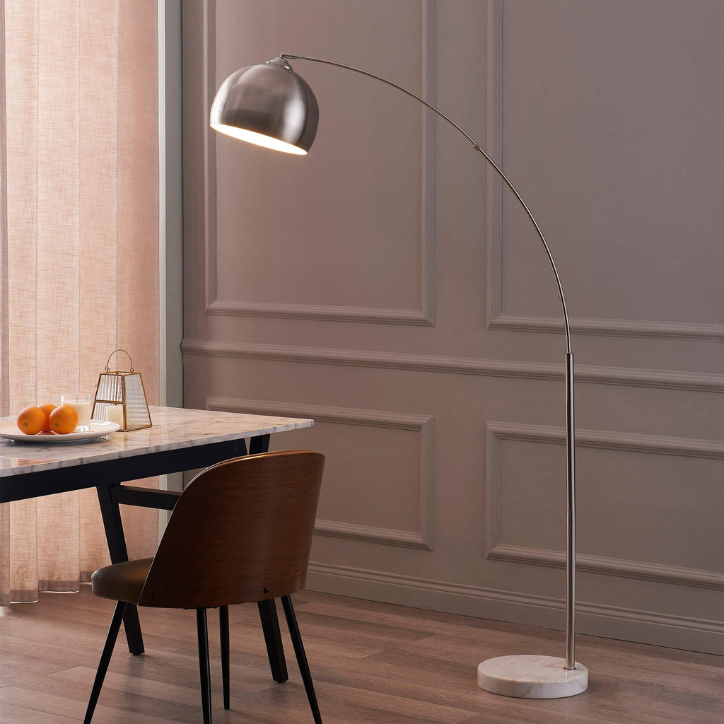 Arquer 68.1" Arc Floor Lamp for Living Rooms, Home Offices, Dining Rooms, Bedrooms with Faux White Marble Base and Nickel Bell Shade