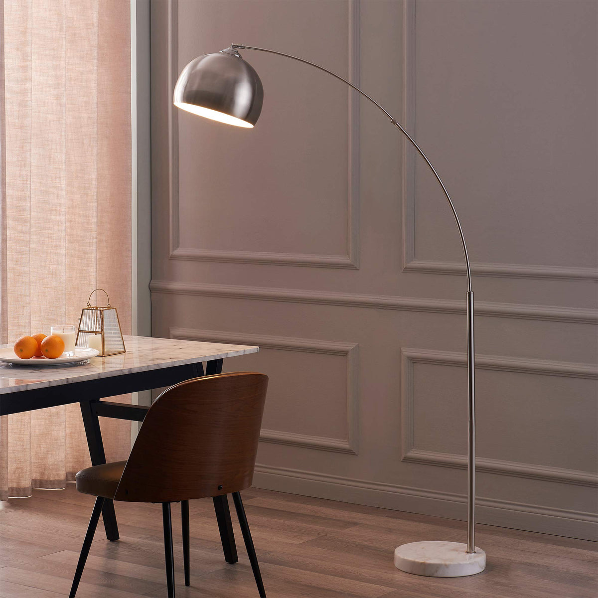 Arquer 68.1" Arc Floor Lamp for Living Rooms, Home Offices, Dining Rooms, Bedrooms with Faux White Marble Base and Nickel Bell Shade