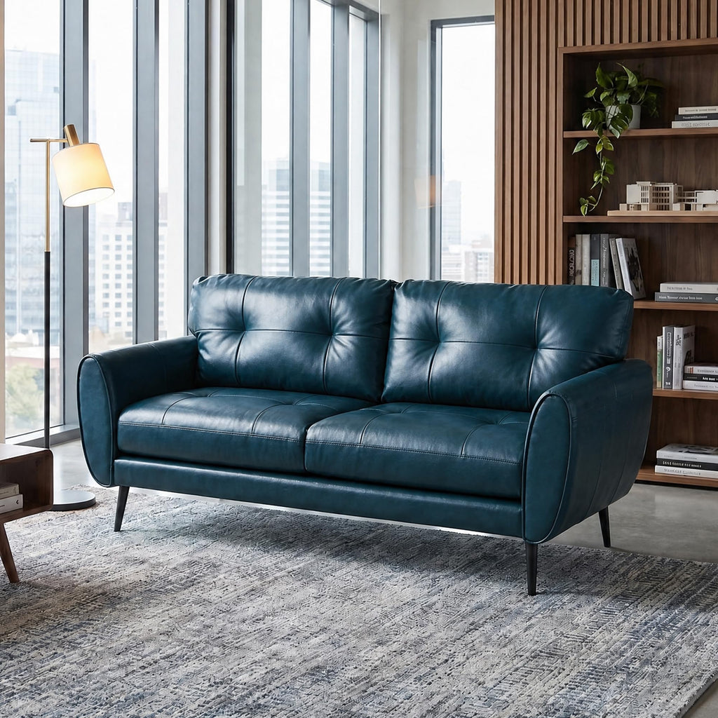Sofa Couch 61" Small Loveseat Couches for Living Room Blue Leather Couch Mid Century Modern Tufted Mini Sofa Comfy Office 2 Seat Settee Love Seat for Small Spaces Bedroom