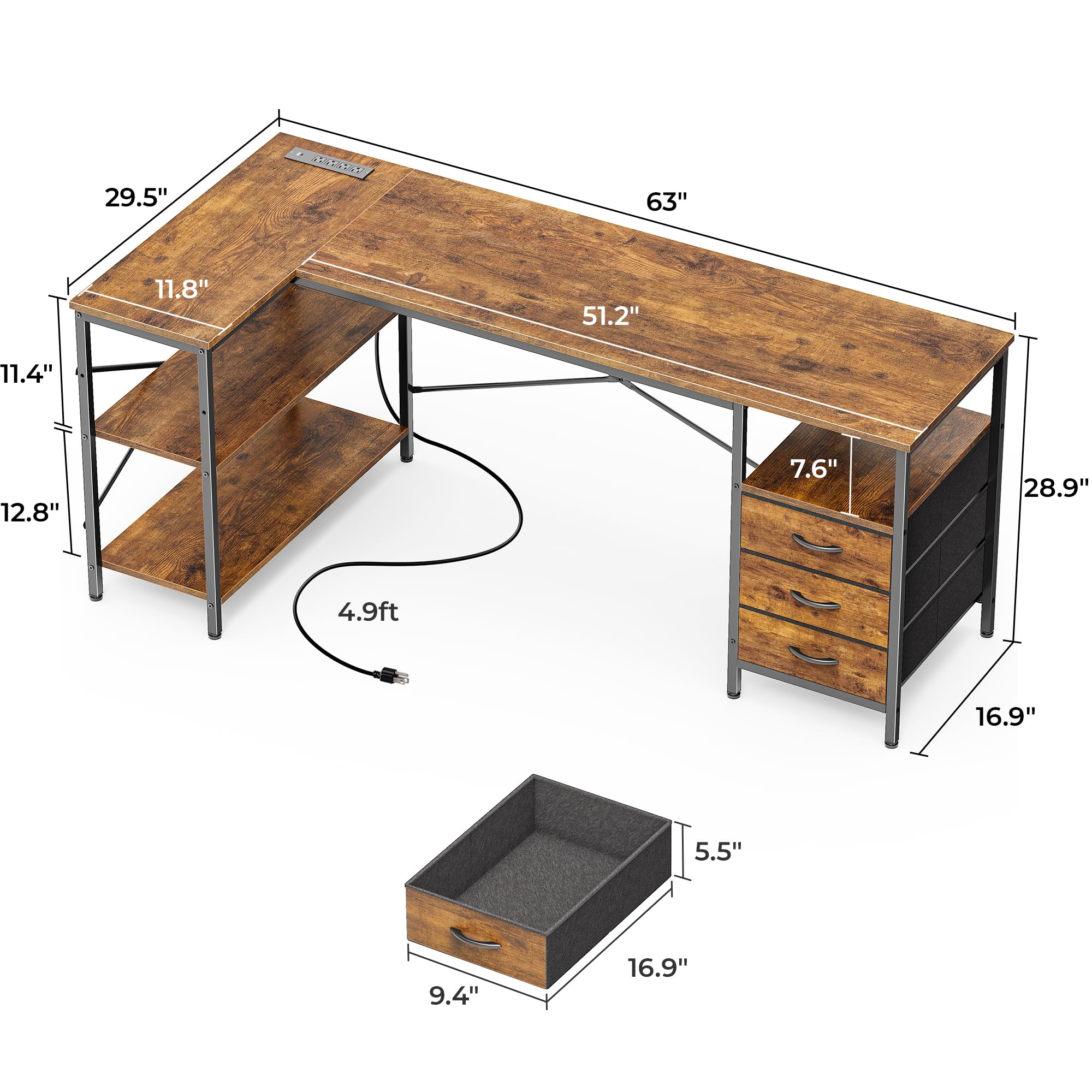 L Shaped Desk with Power Outlets, 63 Inch Reversible Computer Desk with 3 Drawers and Shelves, Home Office Table for Corner Work Study Writing Gaming, Rustic Brown