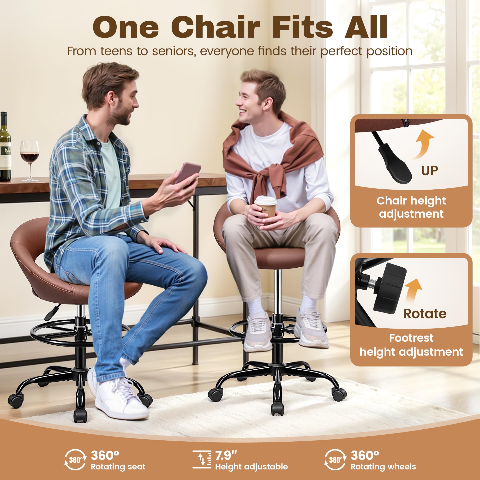 Brown 4 Pack, Drafting Chair with Back, Height Adjustable Rolling Stool with Foot Rest, Tall 360° Swivel Stool PU Leather Chair with Wheels for Home Office, Standing Desk