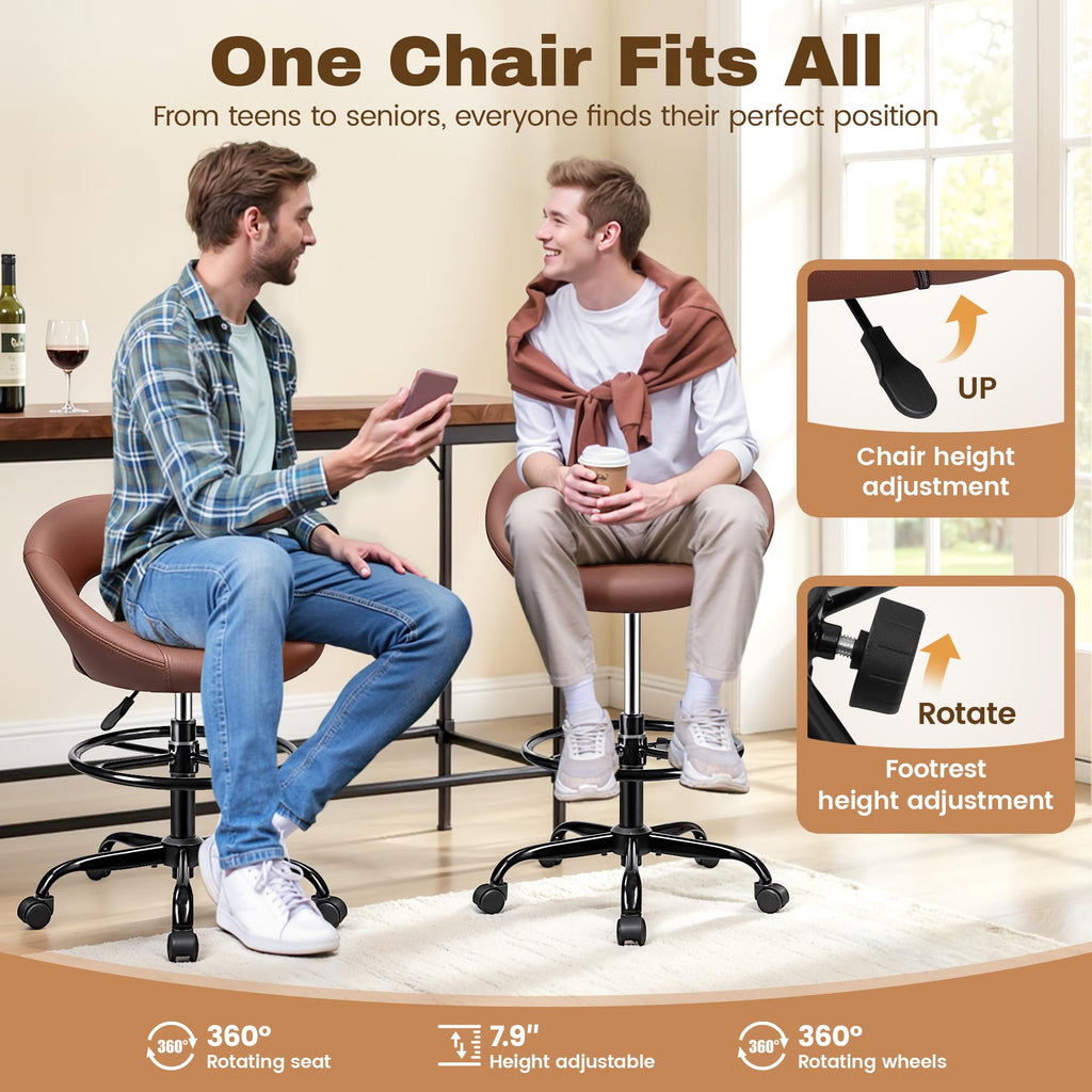 Brown 2 Pack, Drafting Chair with Back, Height Adjustable Rolling Stool with Foot Rest, Tall 360° Swivel Stool PU Leather Chair with Wheels for Home Office, Standing Desk