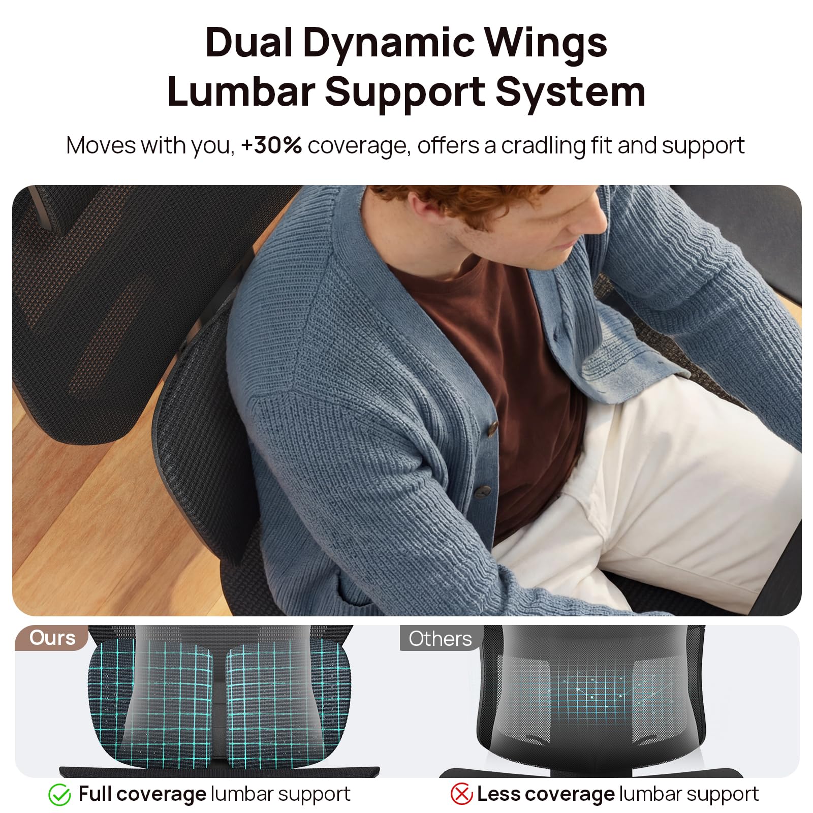 Ergonomic Office Chair with Adaptive Lumbar Support - Over 10 Hours Comfortable, Mesh Big and Tall Home Desk Chair with 4D Headrest, 630° Armrst, Seat Depth Adjustable