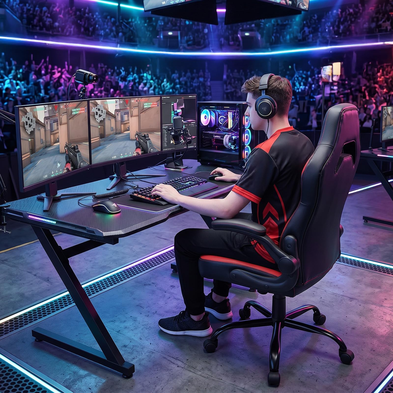 Computer Gaming Chair - PU Leather Ergonomic Lumbar Support with Flip-up Armrest and 360° Swivel Wheels, Height Adjustable Task Home Office Desk Video Racing, Red