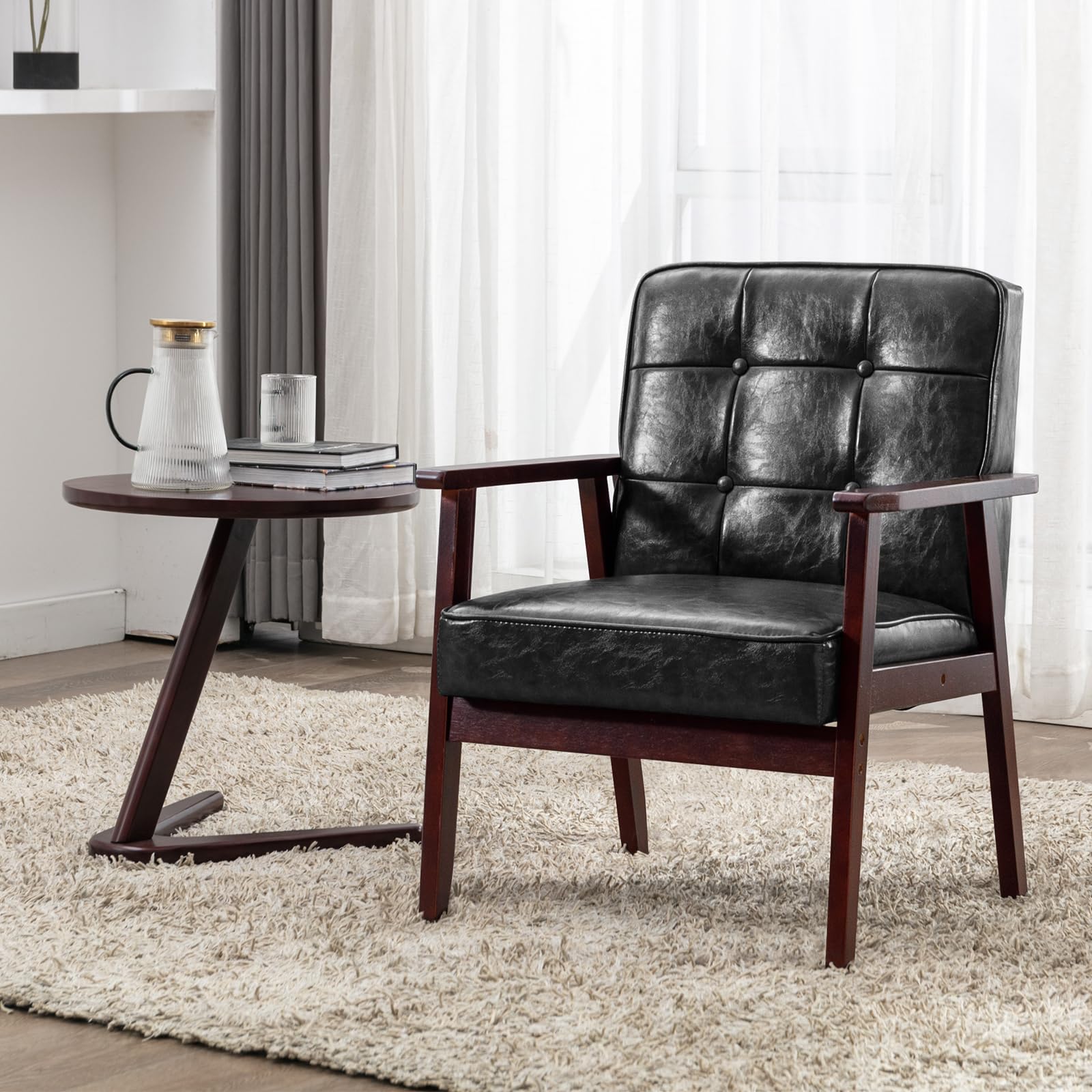 Mid Century Modern Accent Chair, Retro Wood and Leather Armchairs Side Chair, Lounge Reading Comfy Arm Chair for Living Room, Bedroom, Office (Black)