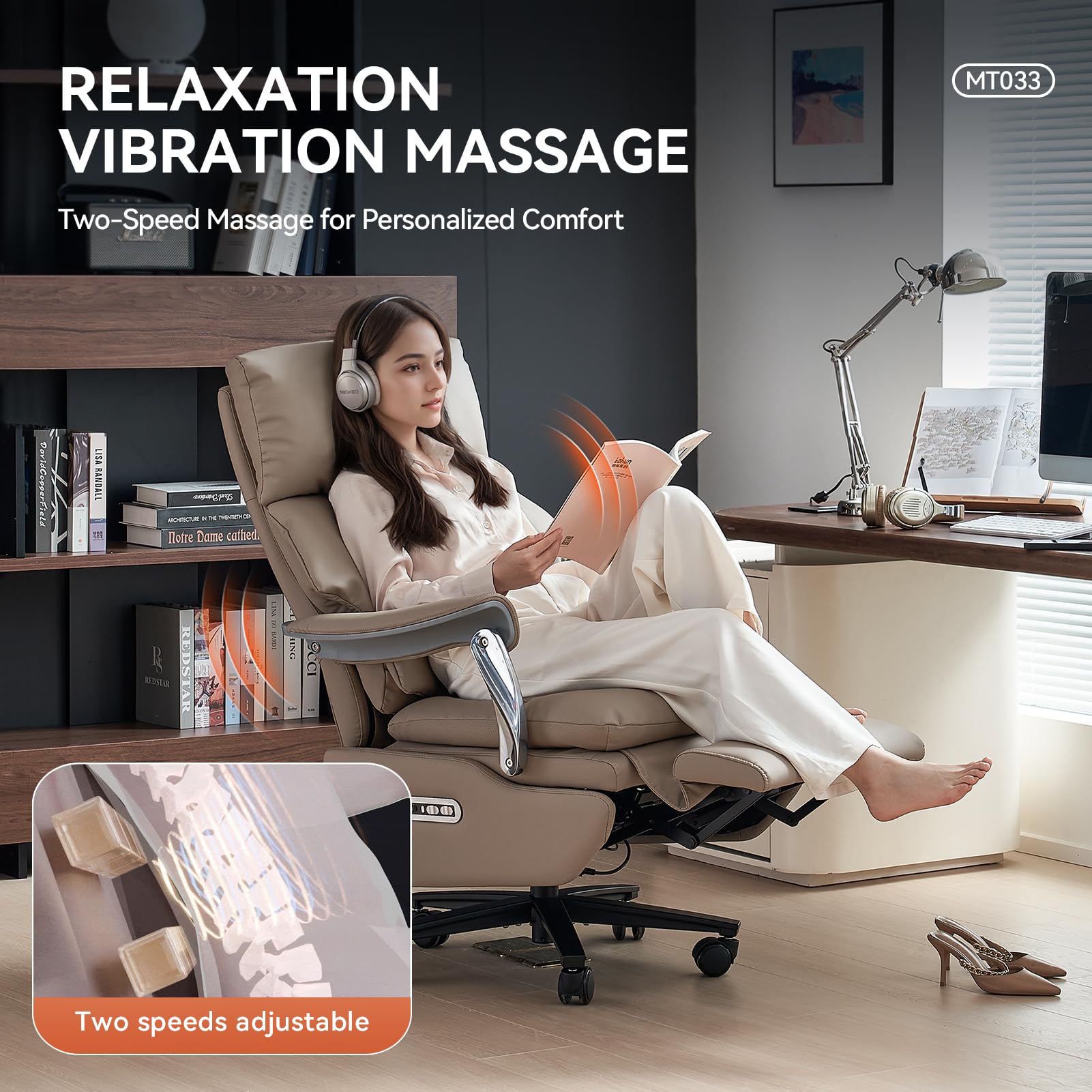 Ergonomic Office Chair with Foot Rest Electric Executive Office Chair Power Reclining with Massage Big and Tall High Back Computer Chair with Wheels, Sustainable Leather（Light Khaki）