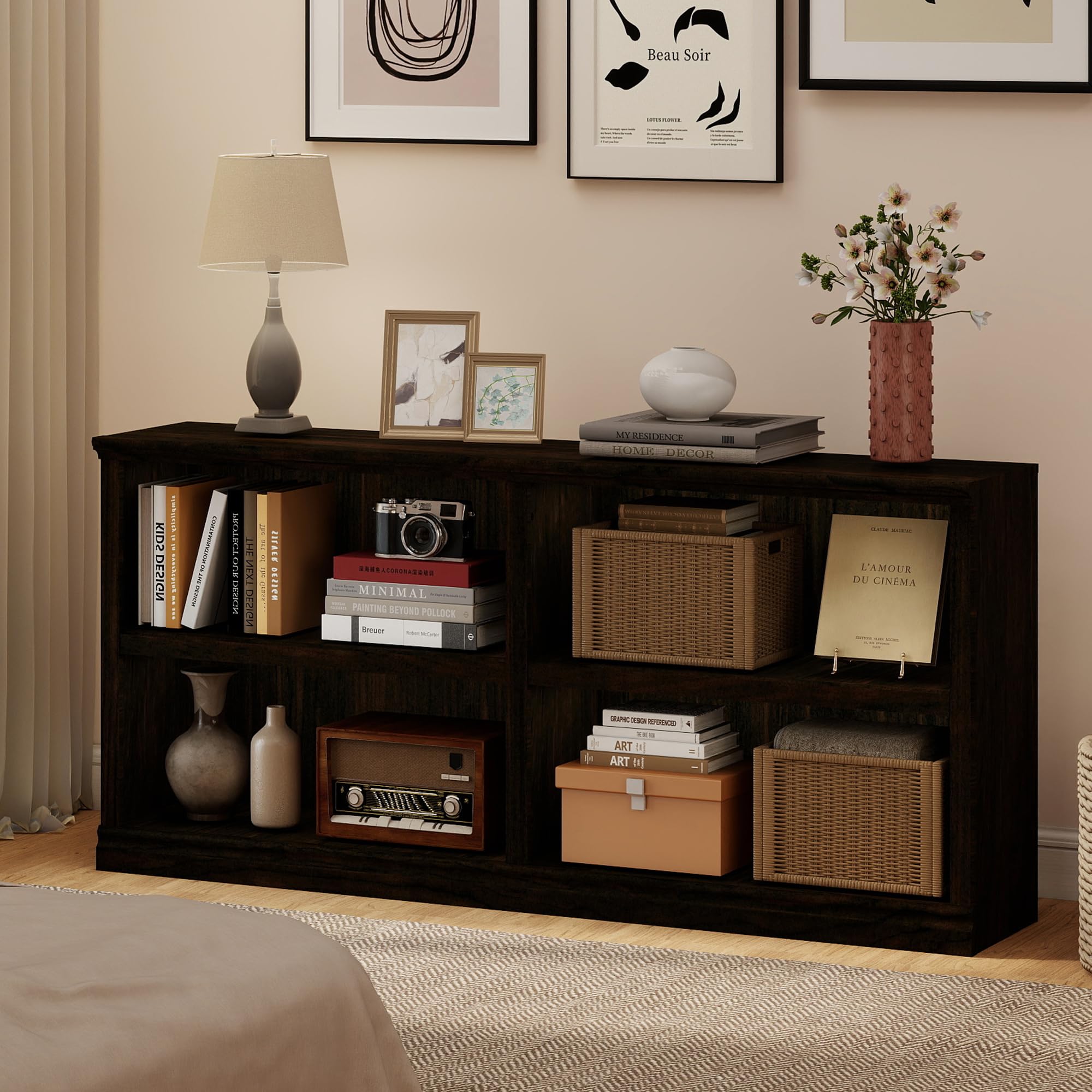 64" W Double Wide Horizontal Bookshelf, 2 Tiers 4 Storage Cube Book Case