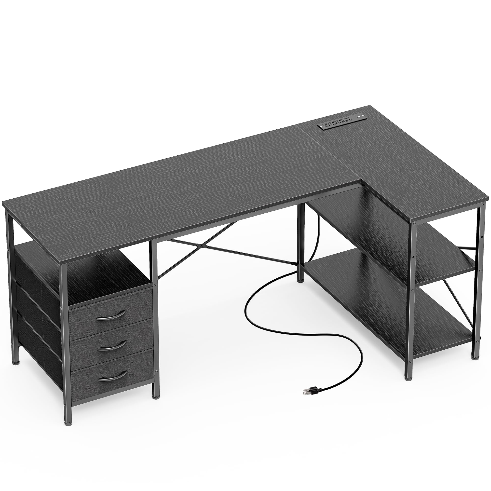 L Shaped Office Desk with Power Outlets, 55 Inch Computer Desk with 3 Drawers, Shelves, Reverisble for Gaming Corner Work Home Office Study, Black