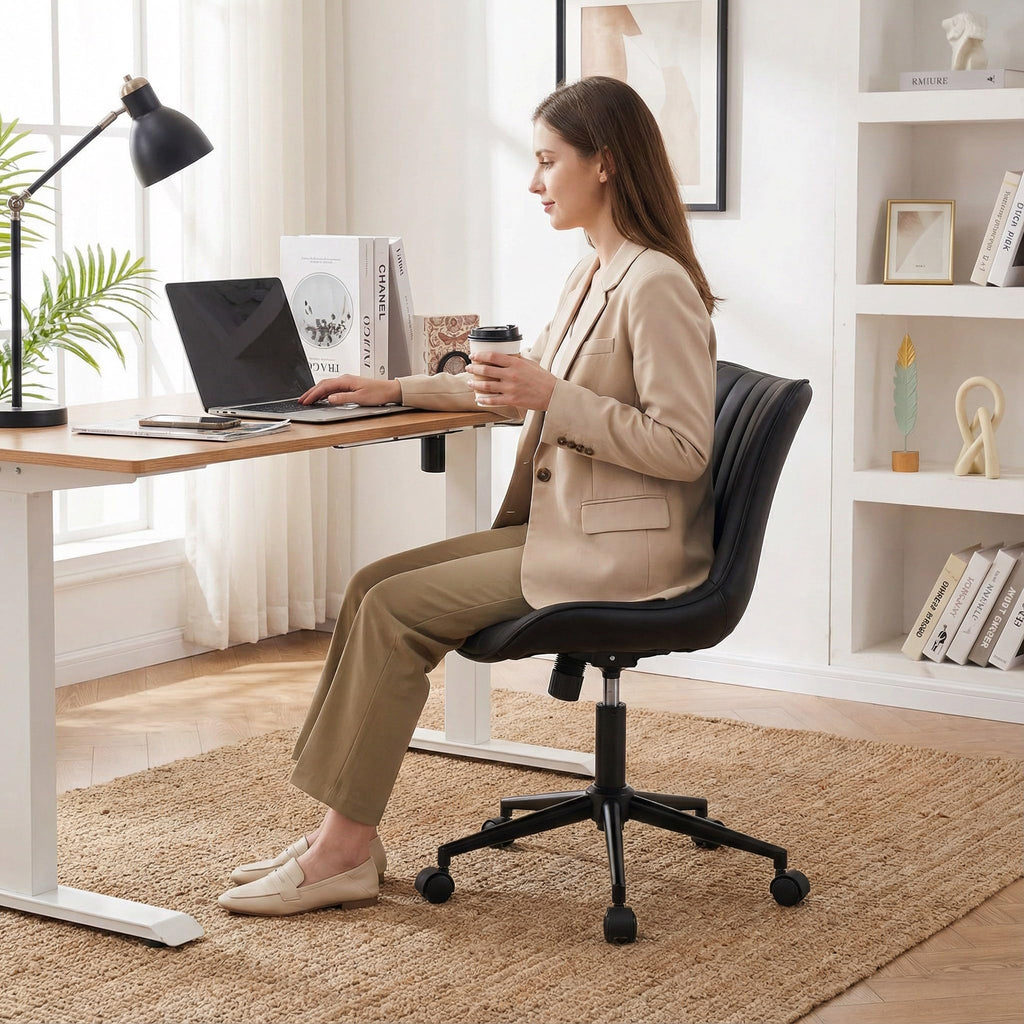 Black Home Office Desk Chair with Wheels Comfy Armless Small Vanity Chair with Adjustable Rocking Back Modern Leather Upholstered Rolling Computer Chair Swivel Task Drafting Chair Cute Compact