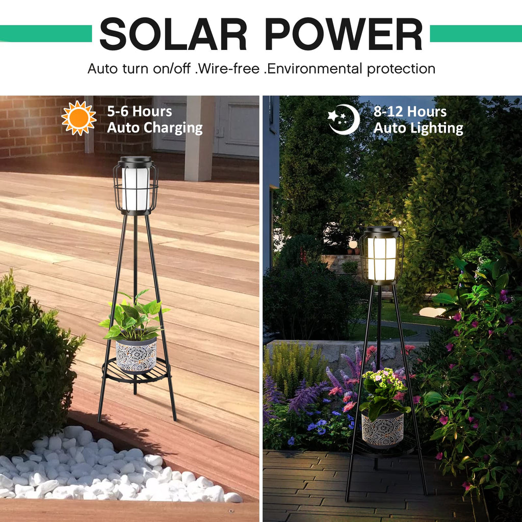 2 Pack Solar Lights with Plant Stand, Outdoor Floor Lamps, Waterproof Solar Powered Floor Lamps for Patio Deck Porch Yard Garden Decor