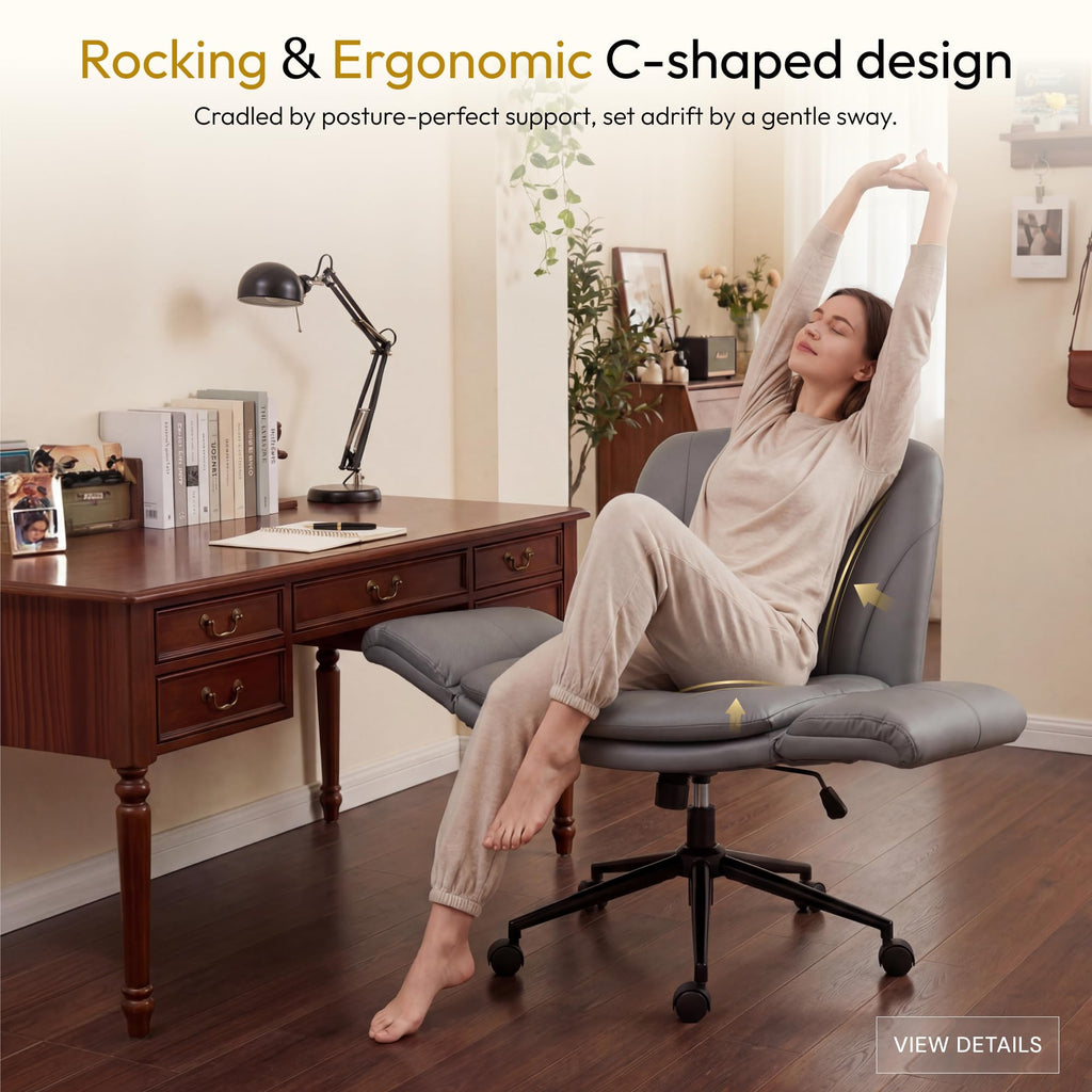 Criss Cross Chair with Five-Level Adjustable Arms and Wheels - Comfortable Ergonomic PU Leather Swivel Vanity Chair - Computer Makeup Gaming Chair for Home Office, Bedroom, Vanity Room (Grey)