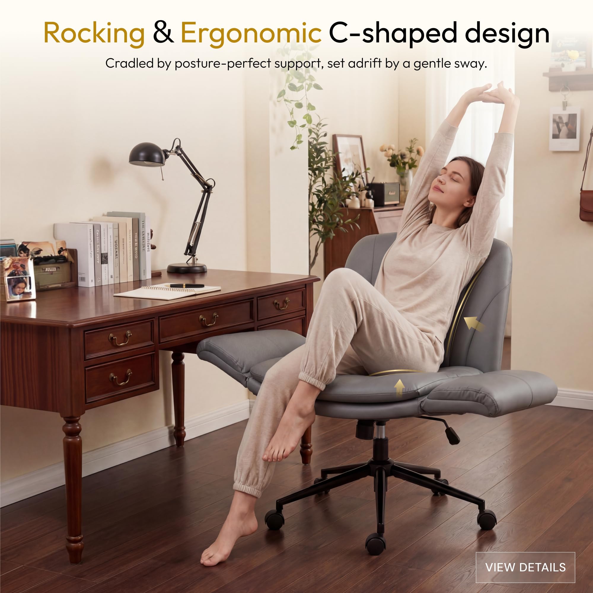 Criss Cross Chair with Five-Level Adjustable Arms and Wheels - Comfortable Ergonomic PU Leather Swivel Vanity Chair - Computer Makeup Gaming Chair for Home Office, Bedroom, Vanity Room (Grey)