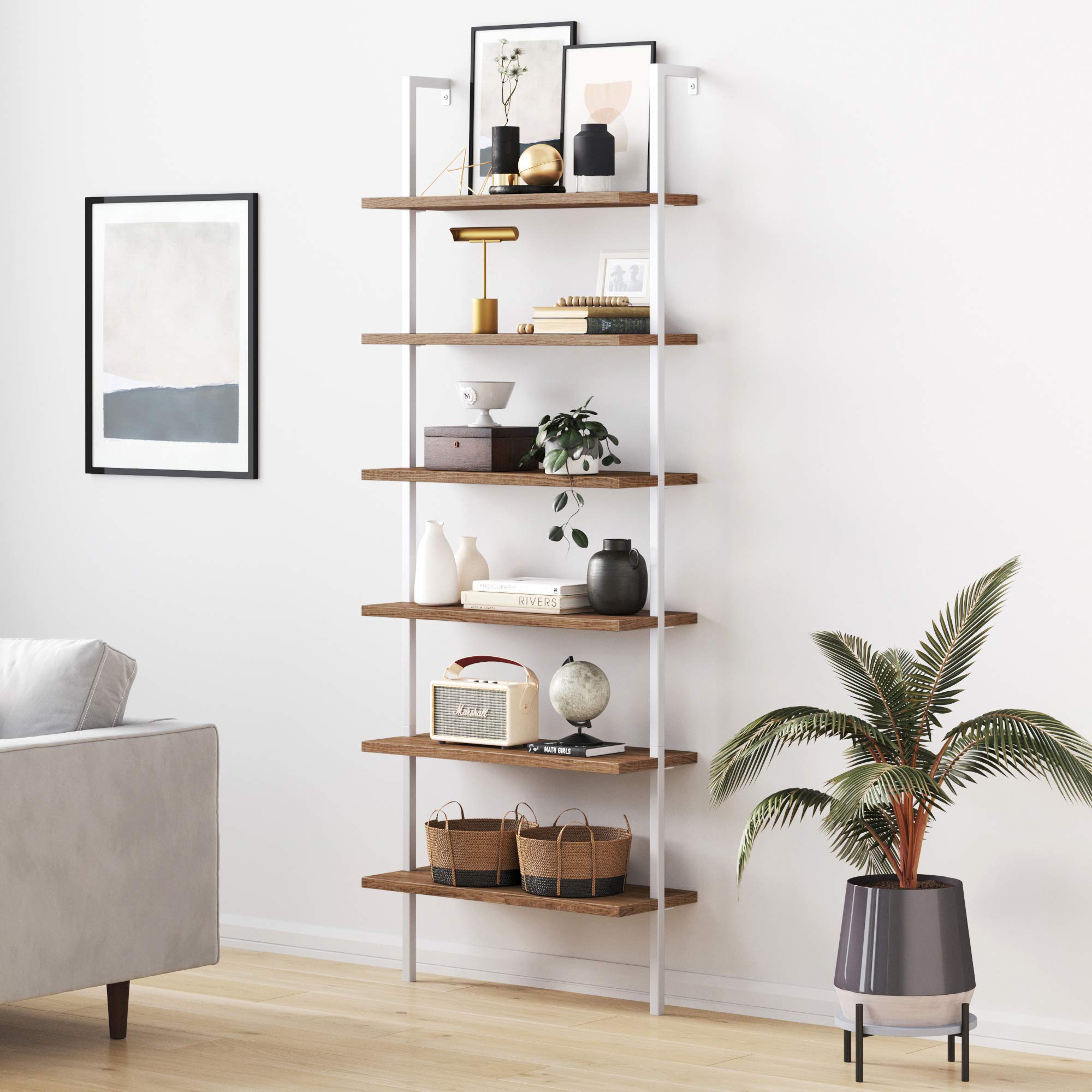 6-Shelf Tall Bookcase, Wall Mount Bookshelf with Natural Wood Finish and Industrial Metal Frame, Rustic Oak/White