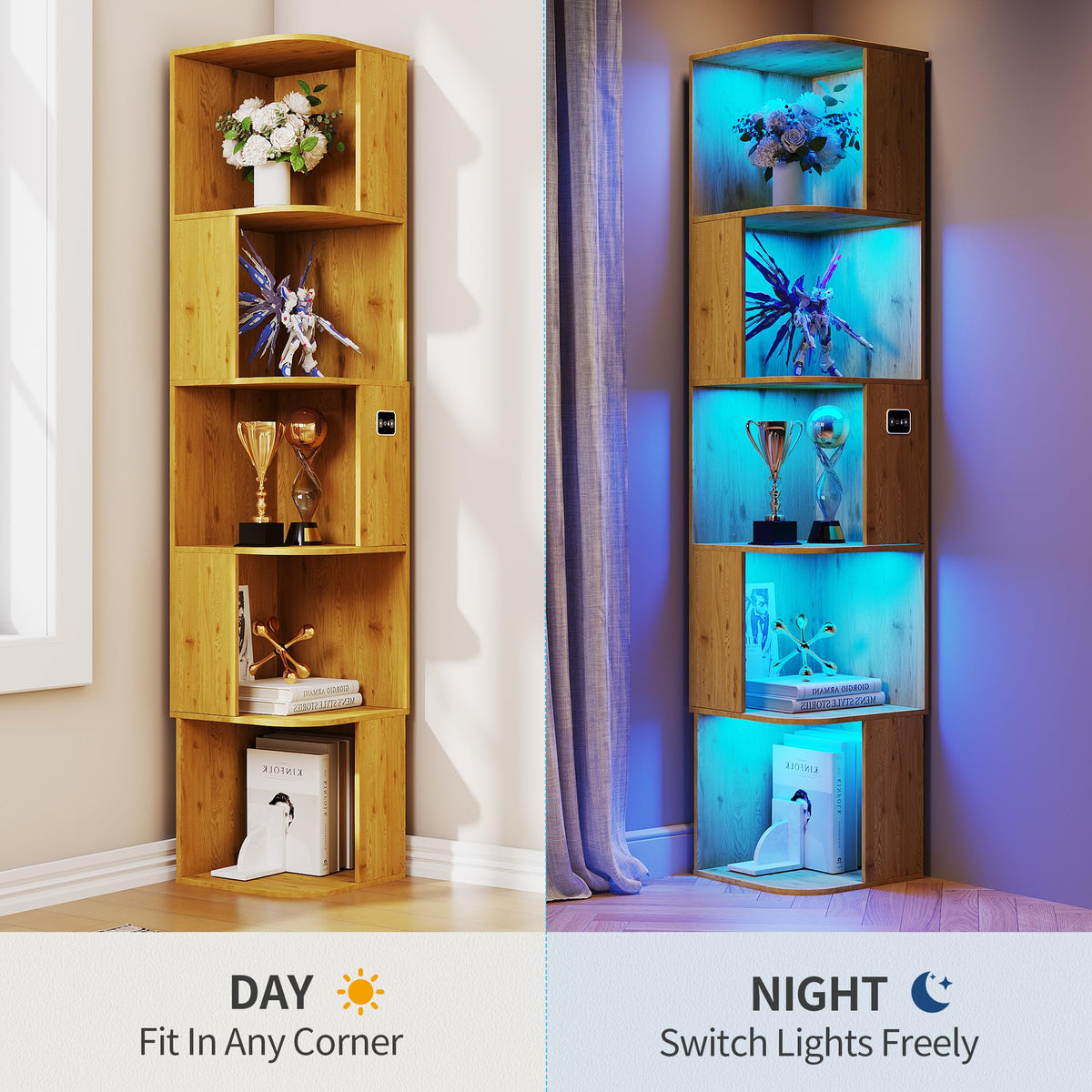Corner Bookcase with 5 Shelves and 3-Color LED Sensor Lights - Wood