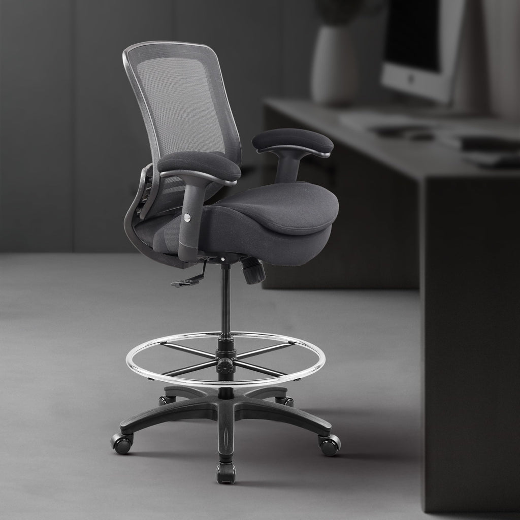 400lbs Ergonomic Office Drafting Chair Mid Mesh Back for Height Adjustable Desk 21inch Foot Ring Height Adjustable Armrest (Black) ﻿