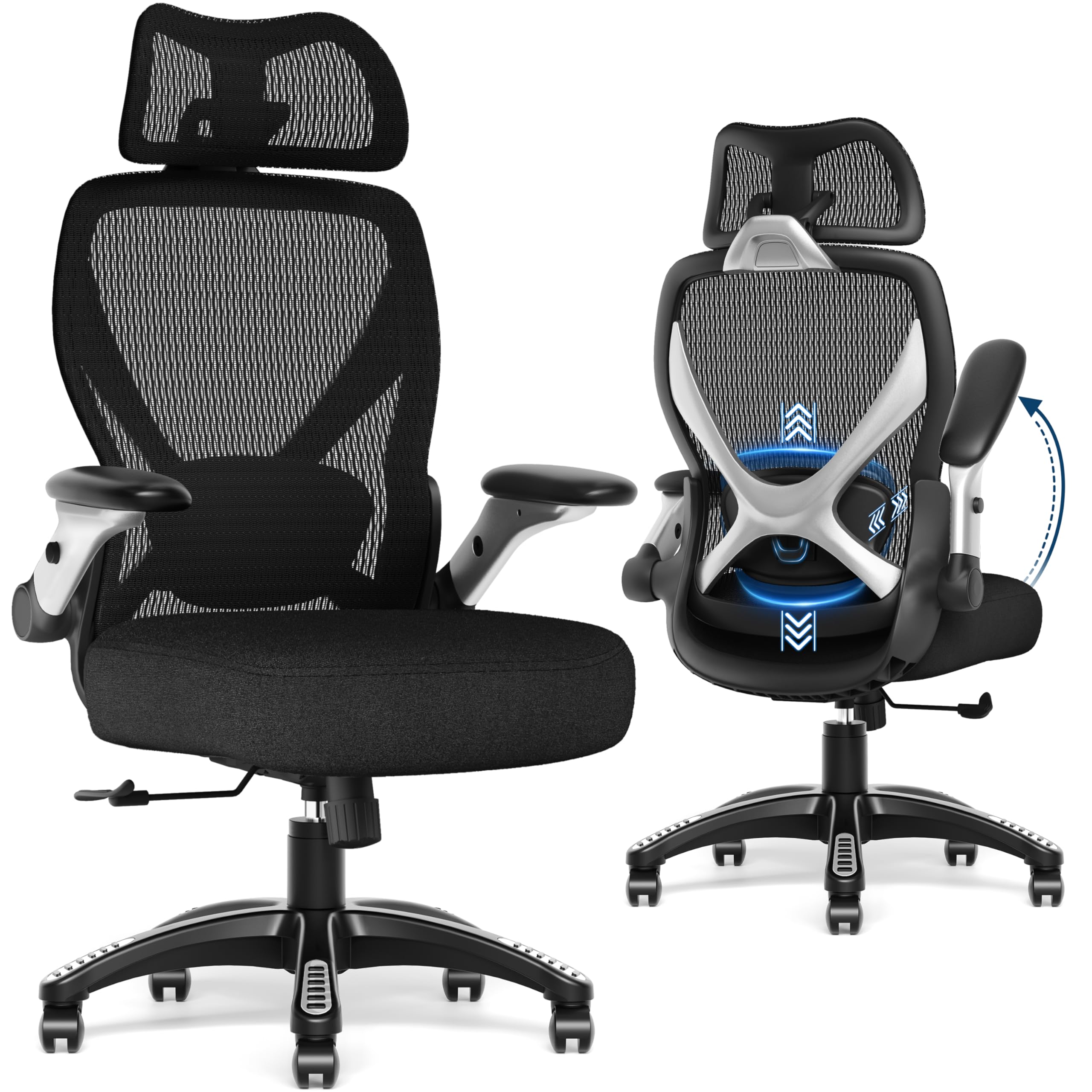 Ergonomic Office Chair, Big and Tall Mesh Chair with Adjustable Lumbar Support, 5D Arms & Wide Seat, 135° Recline Home Desk Computer Chairs for Work Gaming, Heavy Duty,400LBS - Black