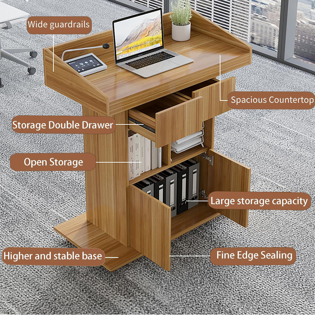 Podium Wooden Podium Floor Standing Podiums Teacher Podium Lectern Lecterns & Podiums Church Podium and Pulpits with Wire Holes and Storage (Light Walnut, L39.4″×W19.68″×H44″)