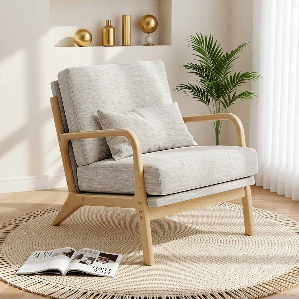 Mid-Century Modern Accent Chair, Armchair with Solid Wood Frame & Lumbar Pillow, Comfy Upholstered Lounge Chair for Office, Bedroom, Linen-Like Fabric, Light Gray