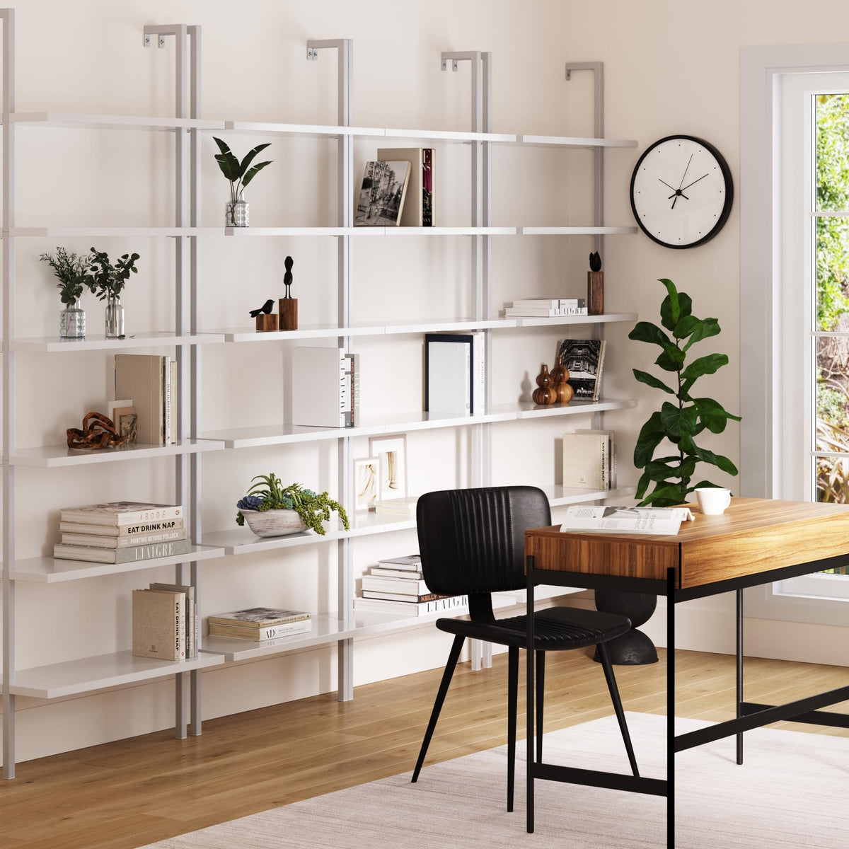 Set of 4, 6-Shelf Tall Modern Bookshelf, Wall Mount Ladder Shelf Bookcase with White Wood and Industrial Metal Frame, Matte White/White