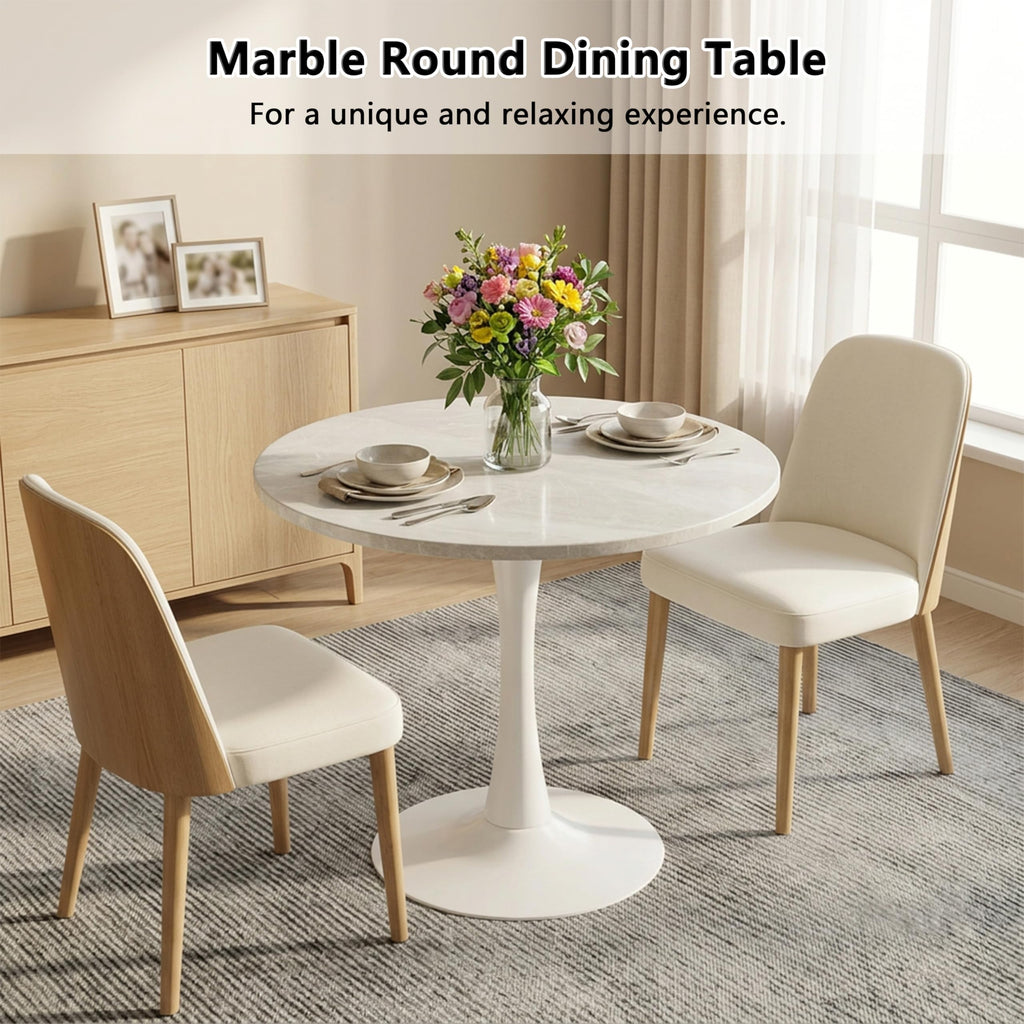 Sybrioka 27.6" Marble Round Tulip Table, Mid-Century Modern Style Dining Table with White Pedestal Base for 2-4 People, Featuring A Marble Tabletop for Kitchen, Dining Room, Cafe (Grayish White)