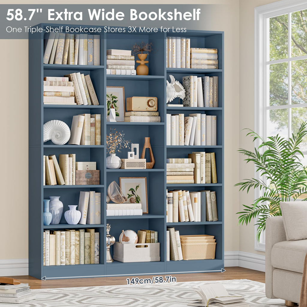 Triple Wide Bookshelf, Large Bookshelf with 17 Display Shelves