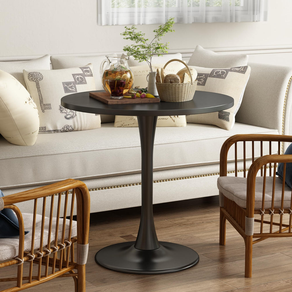 Kasinali Round Dining Table 30" Circle Tulip Table with Wood Thickened Tabletop & Sturdy Metal Pedestal Mid Century Modern Leisure Bistro Kitchen Tables 4 People Small Places Living Room Cafe,Black