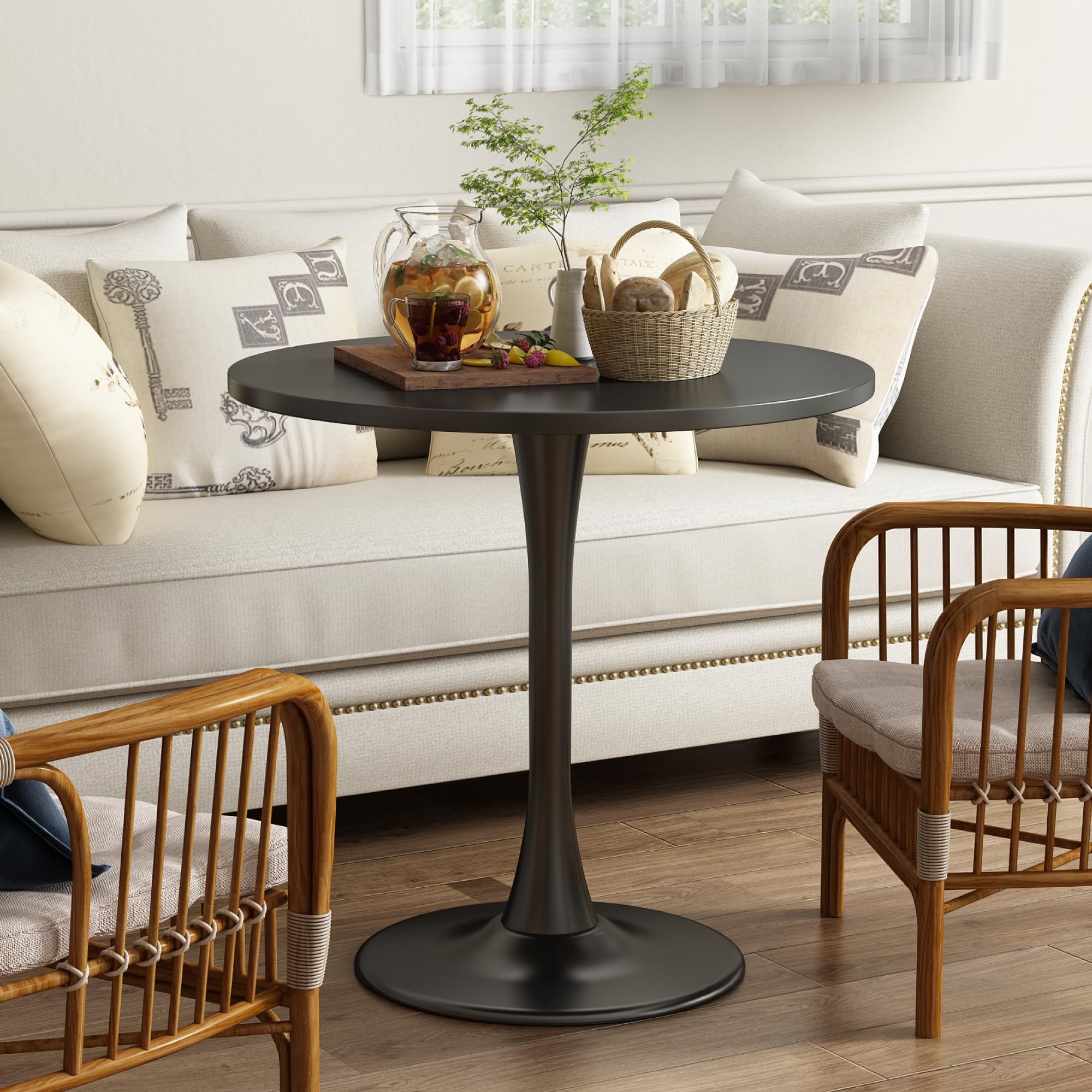 Kasinali Round Dining Table 30" Circle Tulip Table with Wood Thickened Tabletop & Sturdy Metal Pedestal Mid Century Modern Leisure Bistro Kitchen Tables 4 People Small Places Living Room Cafe,Black