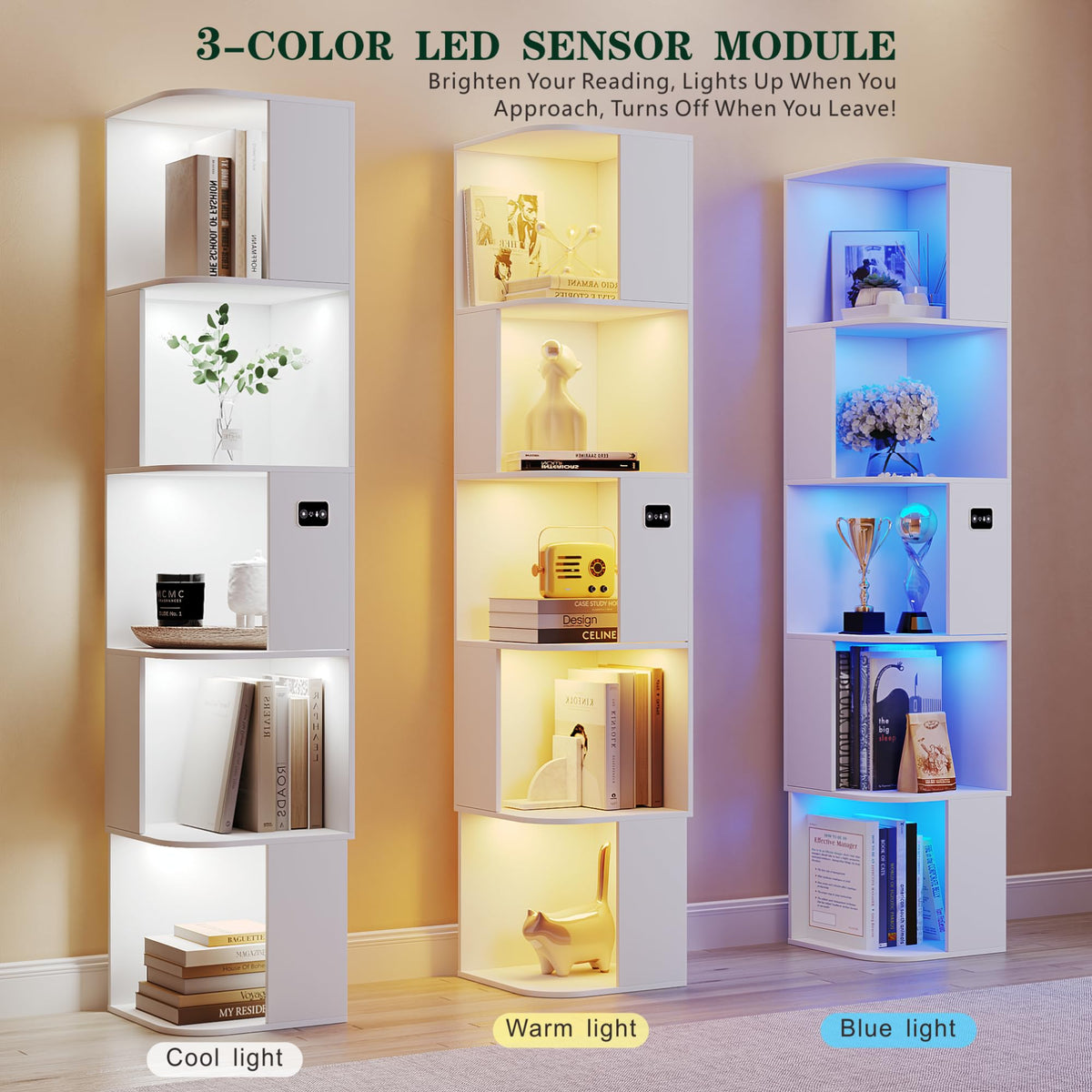 5 Shelf Bookcase - Corner Bookshelf with 3 Colors LED Sensor Lights Modern Cube Storage Organizer for Lego Books Living Room Study Bedroom - Ideal Gift (White)